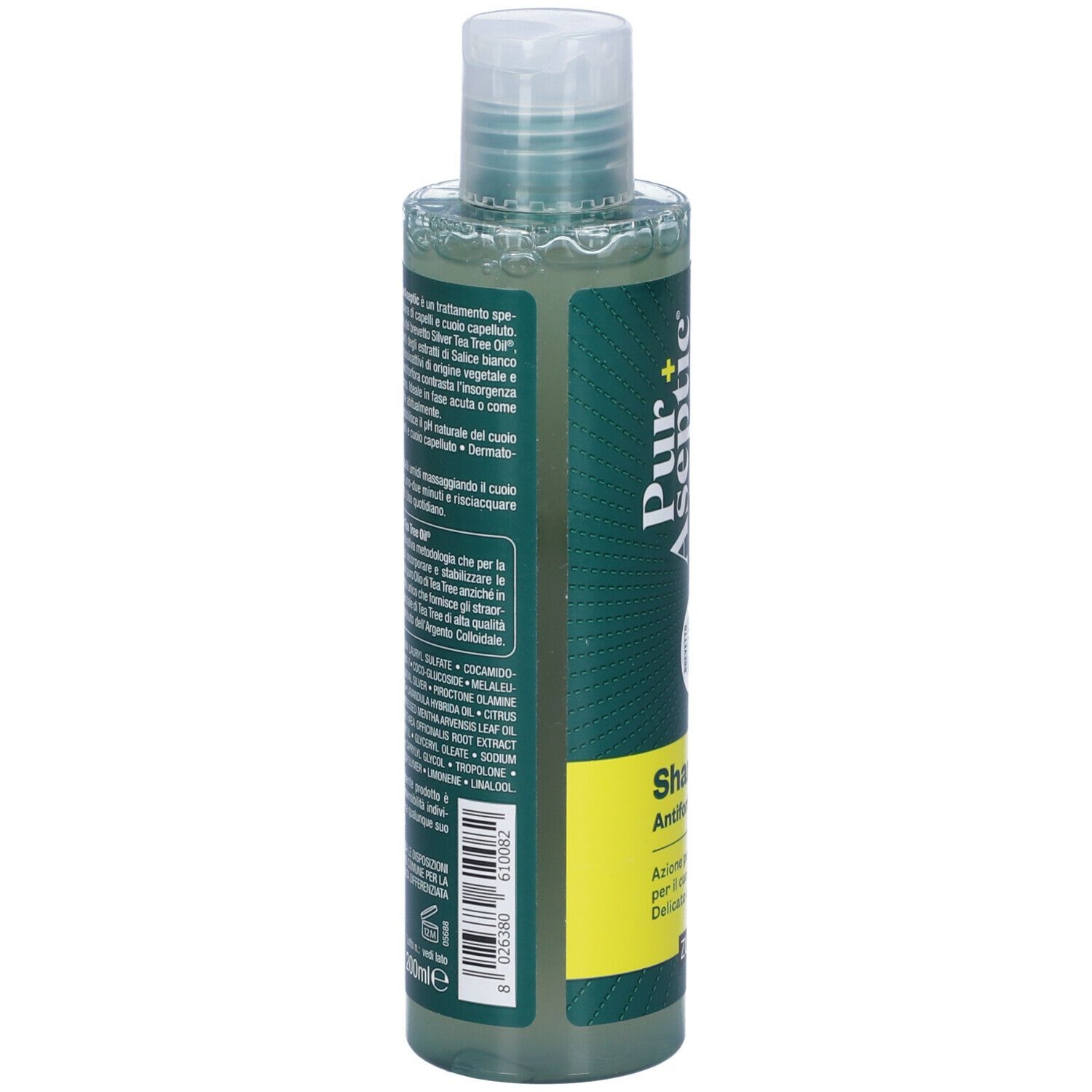 Retro del flacone di shampoo verde "Pur + Aseptic". Testo italiano, ingredienti e informazioni produttore.