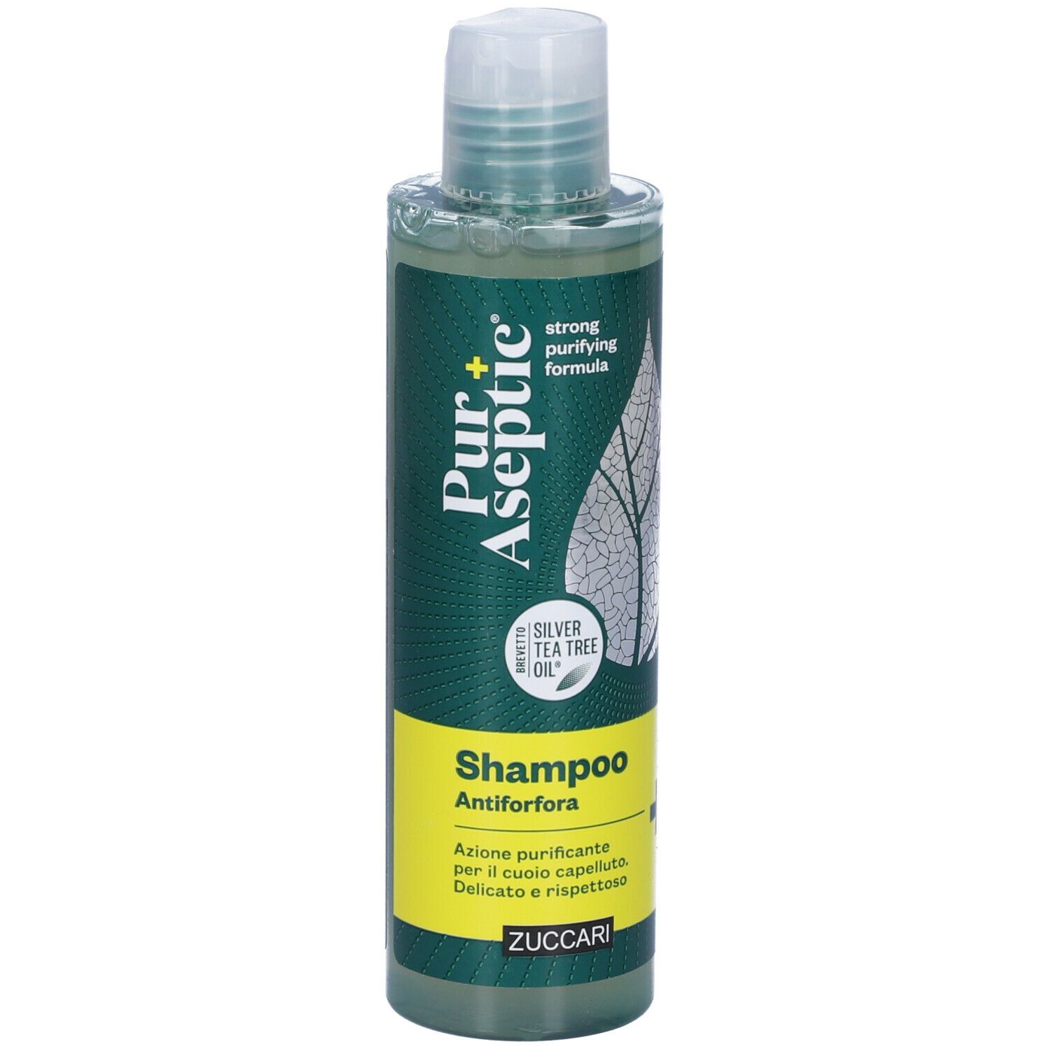 Flacone di shampoo verde "Pur + Aseptic" con "Silver Tea Tree Oil". Etichetta gialla "Antiforfora".