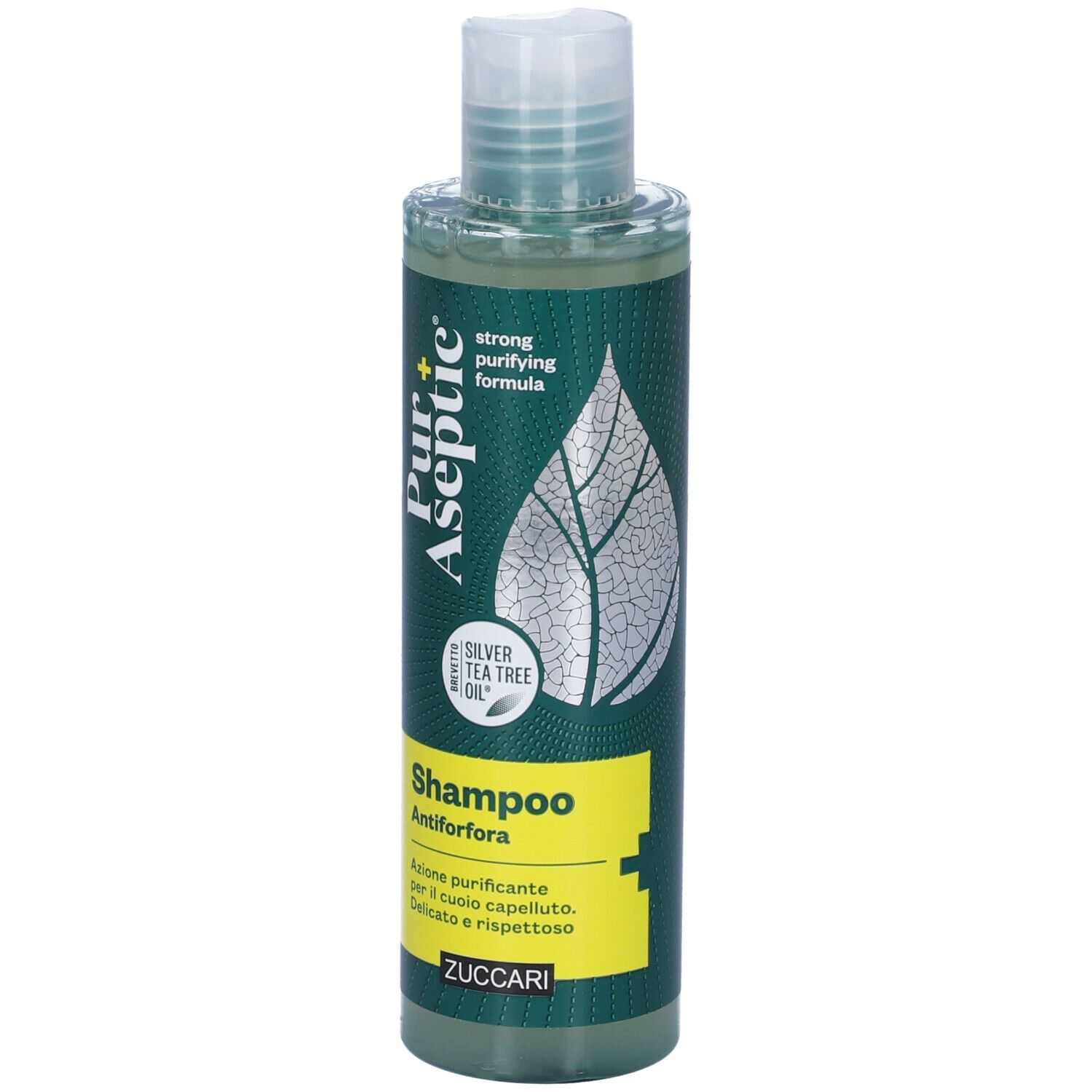 Flacone di shampoo verde "Pur + Aseptic" con "Silver Tea Tree Oil". Etichetta gialla "Antiforfora".