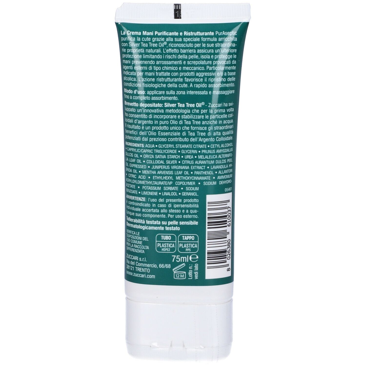 Retro del tubo. Testo in italiano. Ingredienti e informazioni del produttore. 75ml.