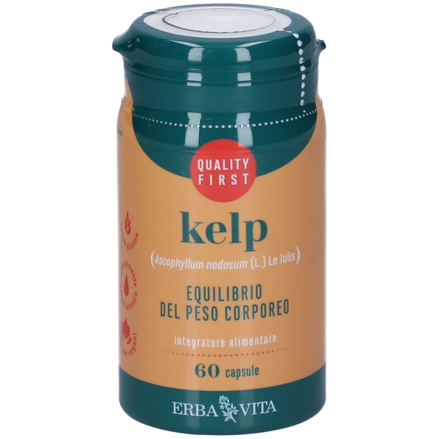 Barattolo marrone con coperchio verde. Scritta: Kelp, equilibrio del peso corporeo, 60 capsule, Erba Vita. Marchio di qualità.