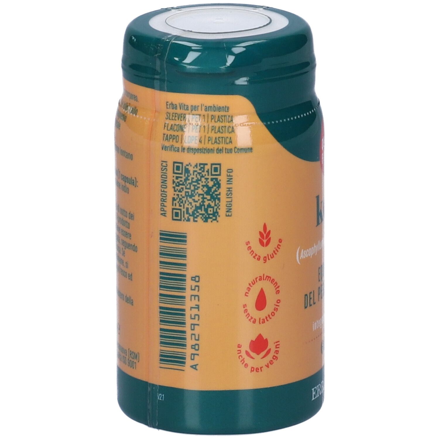 Barattolo marrone con coperchio verde. Scritta: Kelp, equilibrio del peso corporeo, 60 capsule, Erba Vita. Senza glutine, vegano.