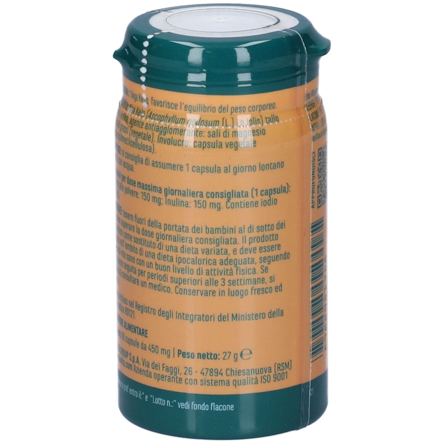 Barattolo marrone con coperchio verde. Testo con informazioni sugli ingredienti e istruzioni per l'uso. Peso: 27g.