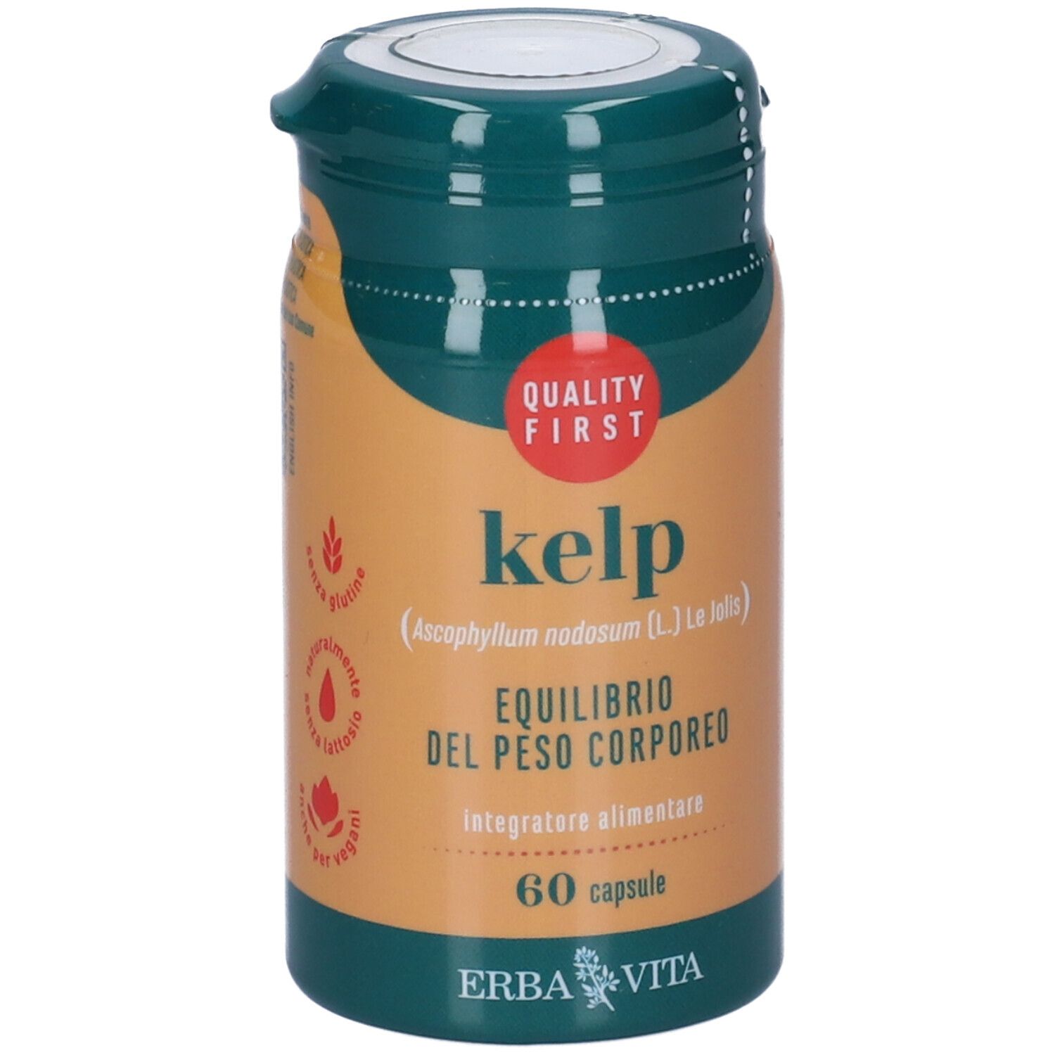 Barattolo marrone con coperchio verde. Scritta: Kelp, equilibrio del peso corporeo, 60 capsule, Erba Vita. Marchio di qualità.