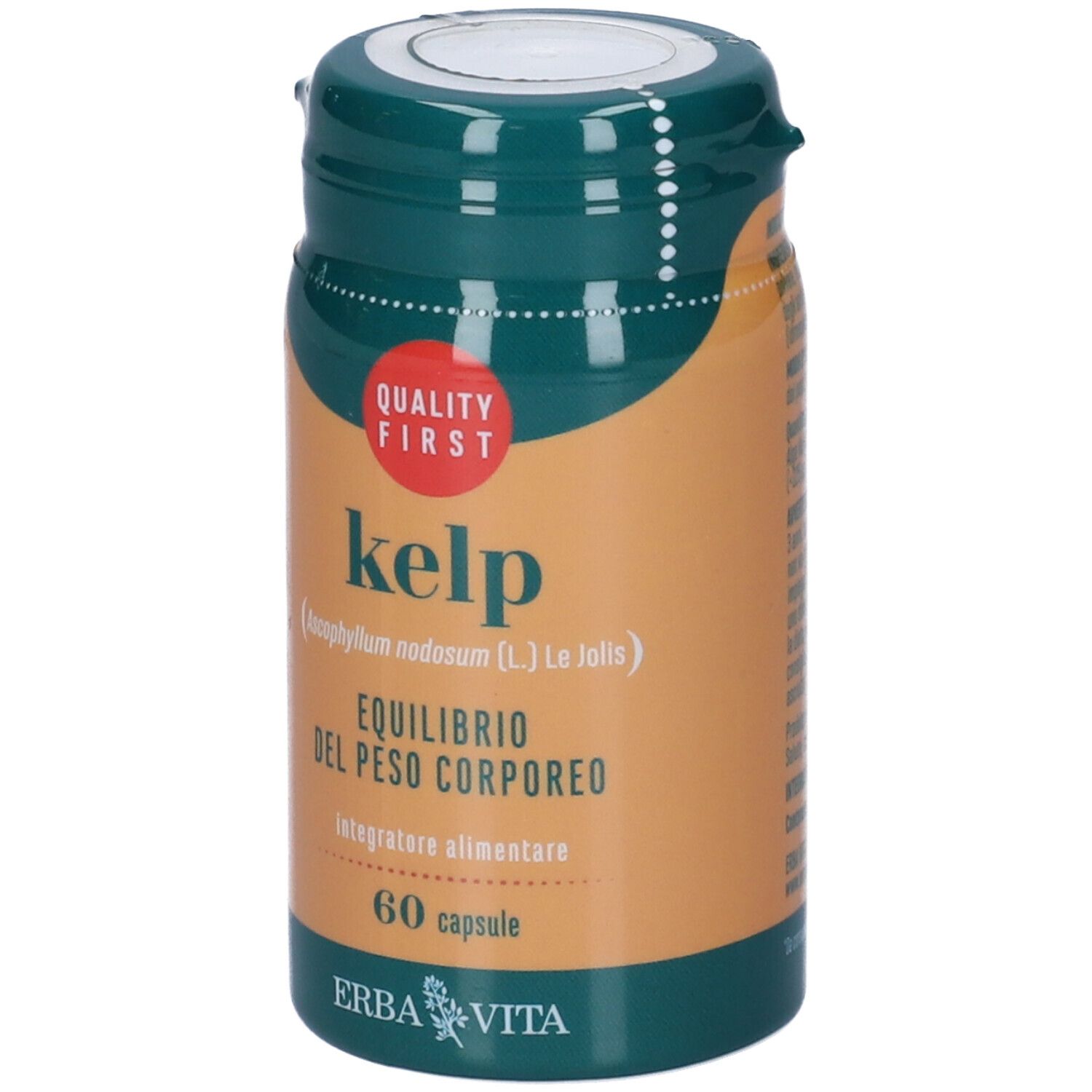 Barattolo marrone con coperchio verde. Scritta: Kelp, equilibrio del peso corporeo, 60 capsule, Erba Vita. Marchio di qualità.