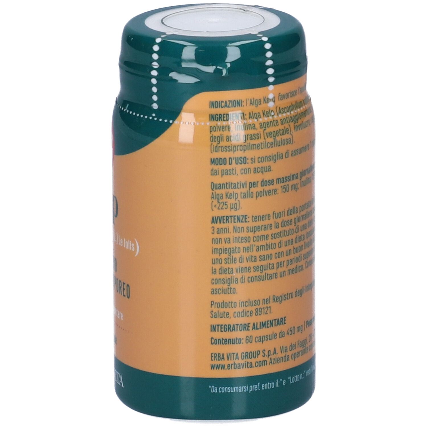 Barattolo marrone con coperchio verde. Scritta: Kelp, equilibrio del peso corporeo, 60 capsule, Erba Vita. Ingredienti.
