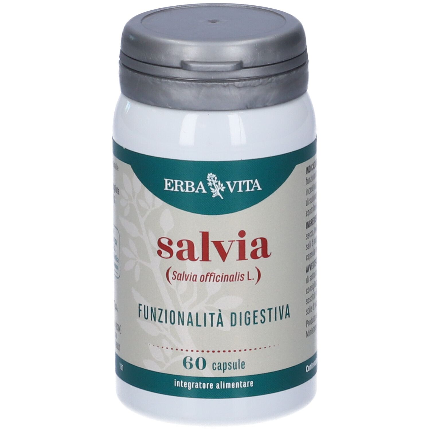 Flacone bianco con tappo grigio. Scritta: Erba Vita Salvia, 60 capsule. Per la funzionalità digestiva.