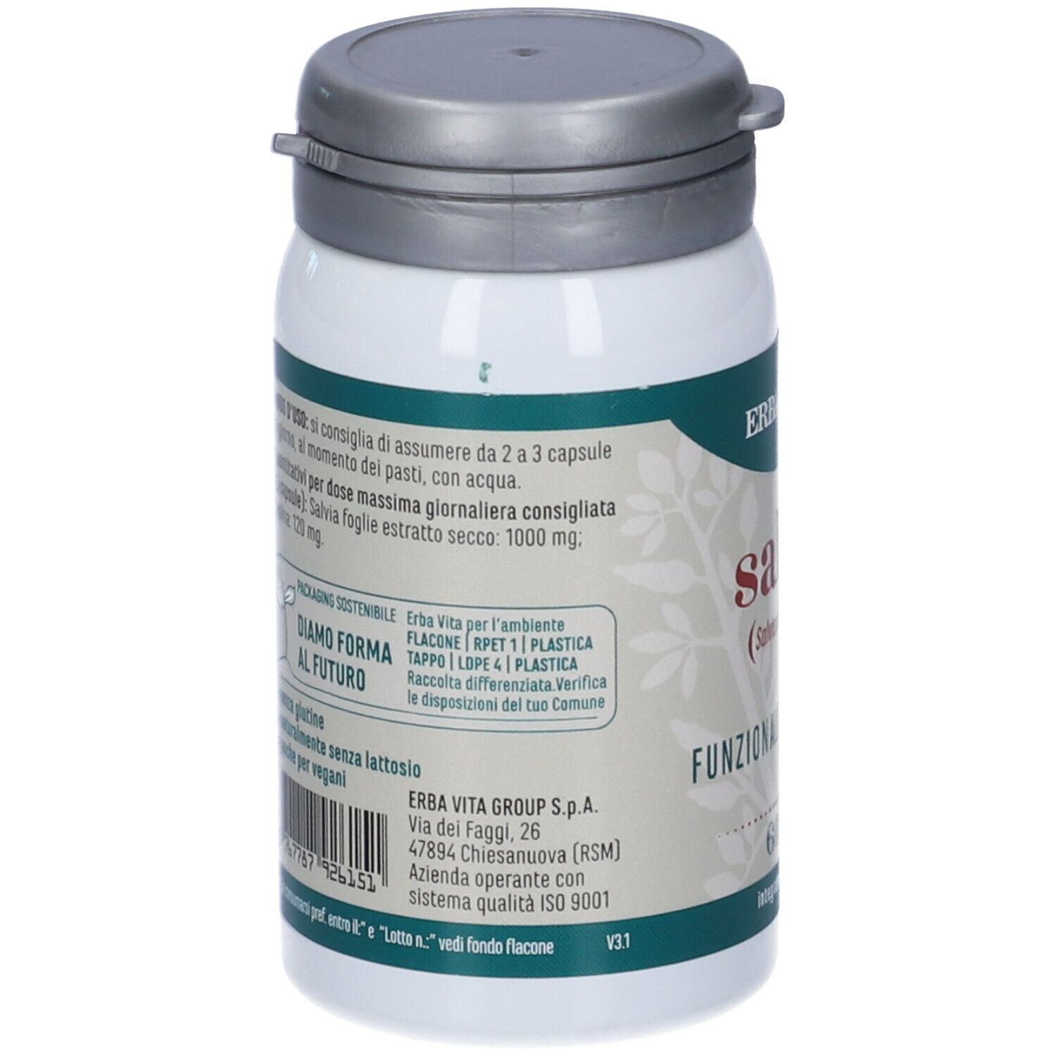 Flacone bianco con tappo grigio. Retro con testo. Scritta: Erba Vita Salvia. Informazioni sul prodotto.