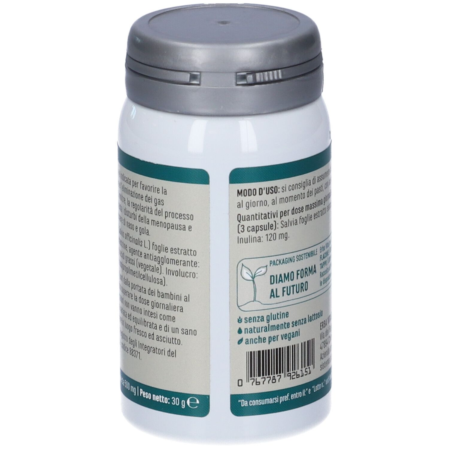 Flacone bianco con tappo grigio. Retro con testo. Scritta: Erba Vita Salvia. Informazioni sul prodotto.