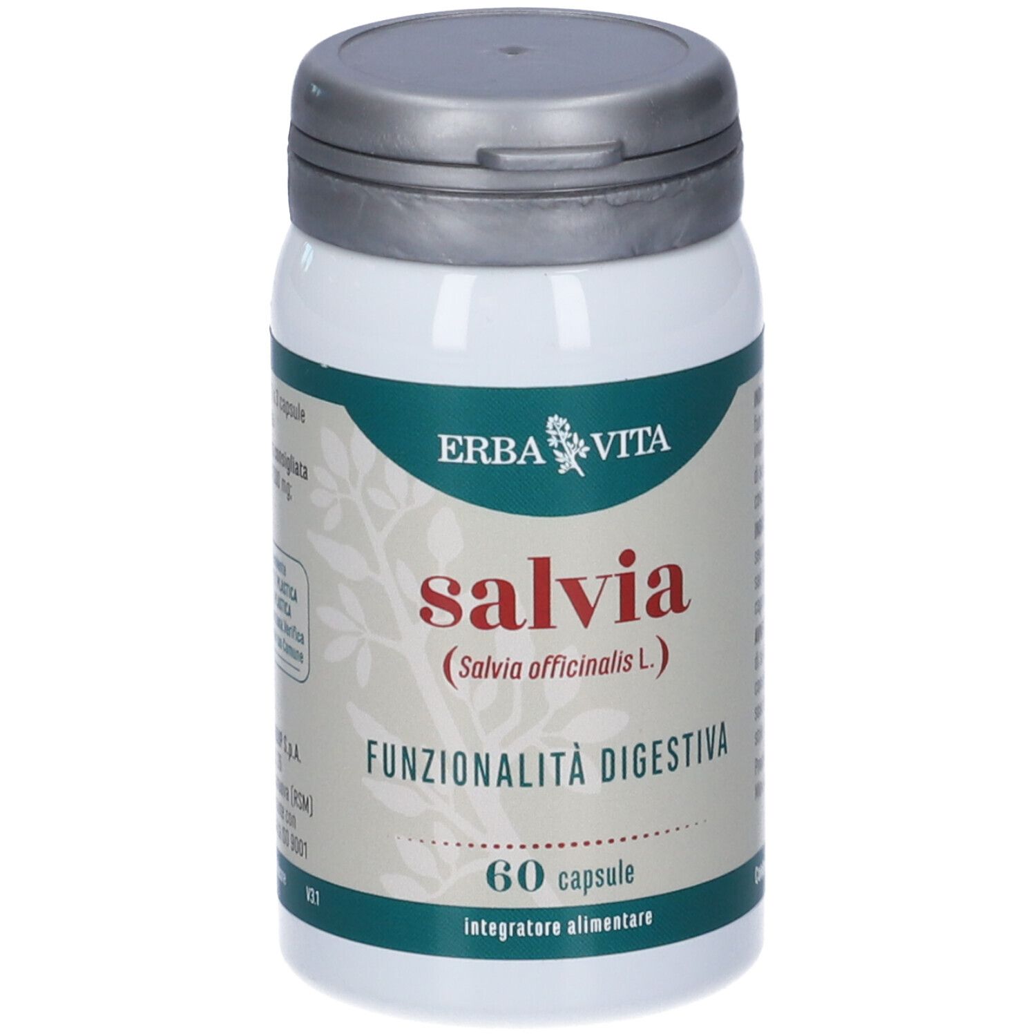 Flacone bianco con tappo grigio. Scritta: Erba Vita Salvia, 60 capsule. Per la funzionalità digestiva.