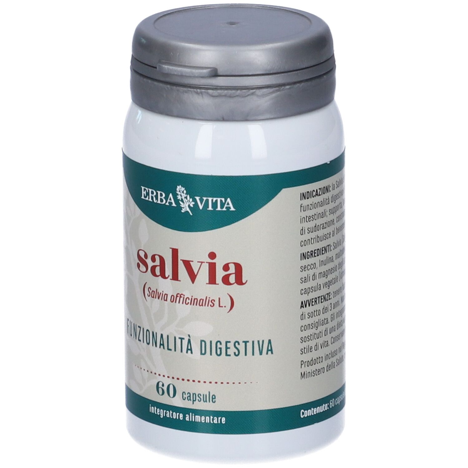 Flacone bianco con tappo grigio. Scritta: Erba Vita Salvia, 60 capsule. Per la funzionalità digestiva.