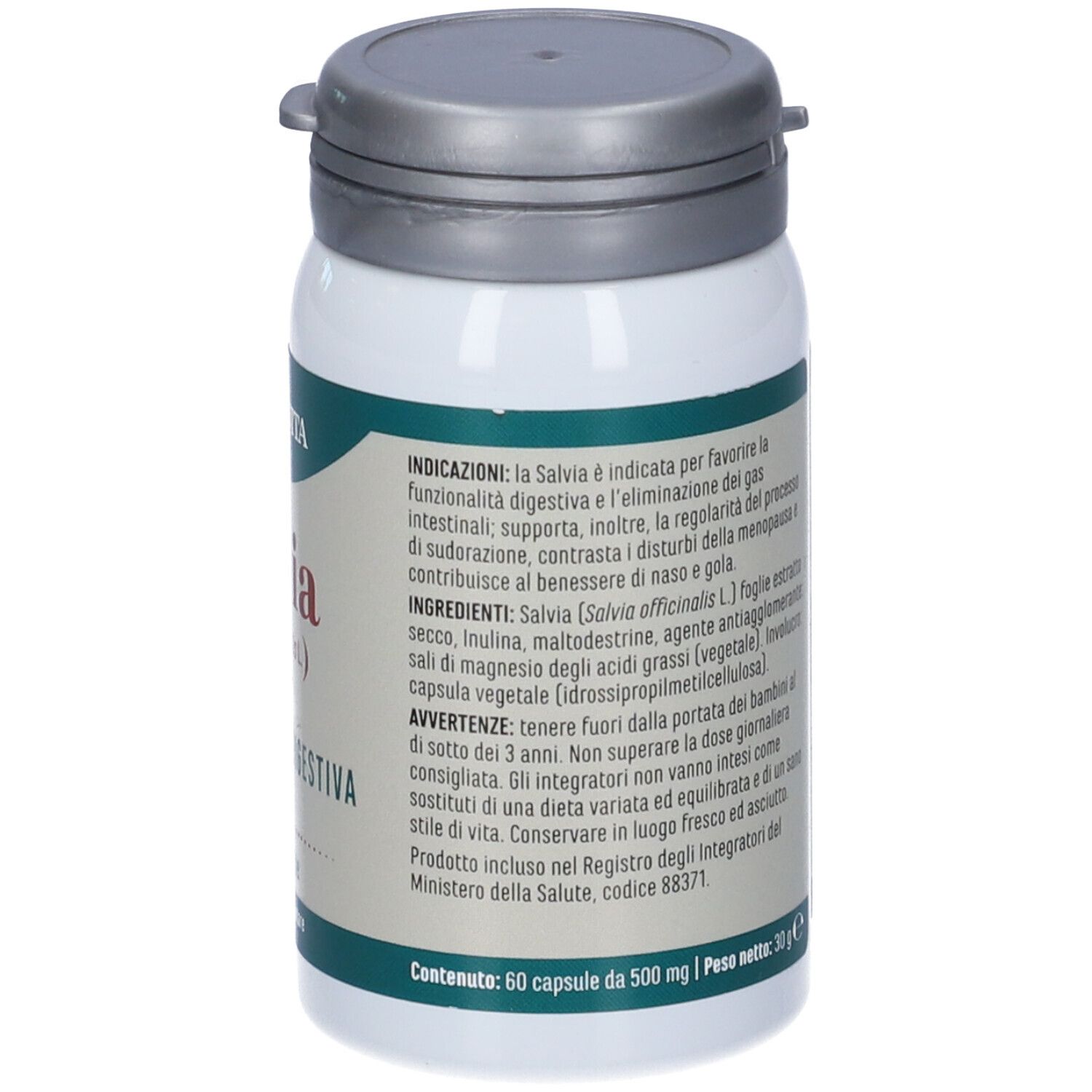 Flacone bianco con tappo grigio. Scritta: Erba Vita Salvia, 60 capsule. Per la funzionalità digestiva.