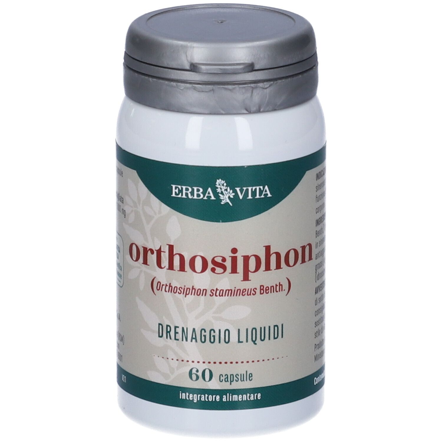 Flacone bianco Orthosiphon Erba Vita, tappo grigio. Scritta: Orthosiphon, 60 capsule. Integratore alimentare.