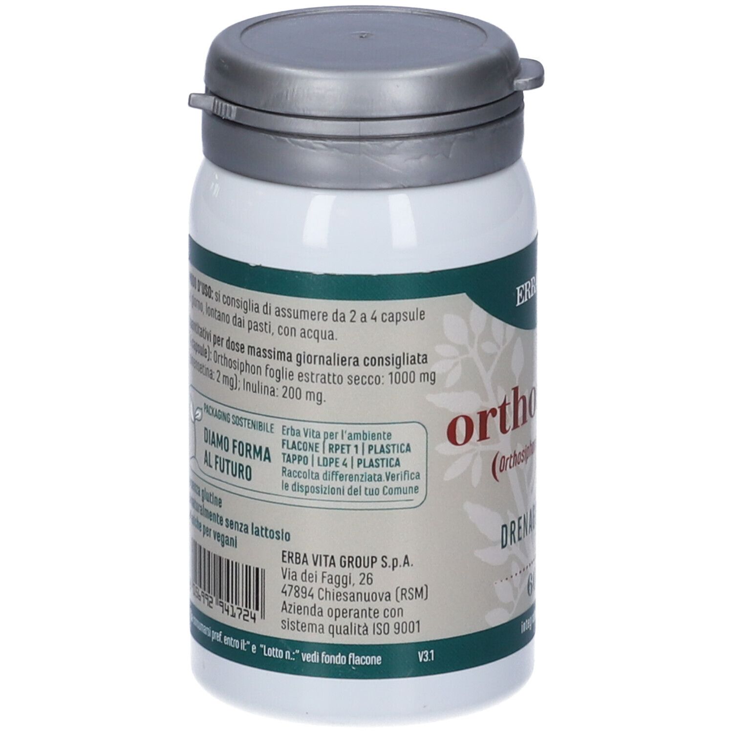 Flacone bianco Orthosiphon Erba Vita, tappo grigio. Retro con informazioni e ingredienti.