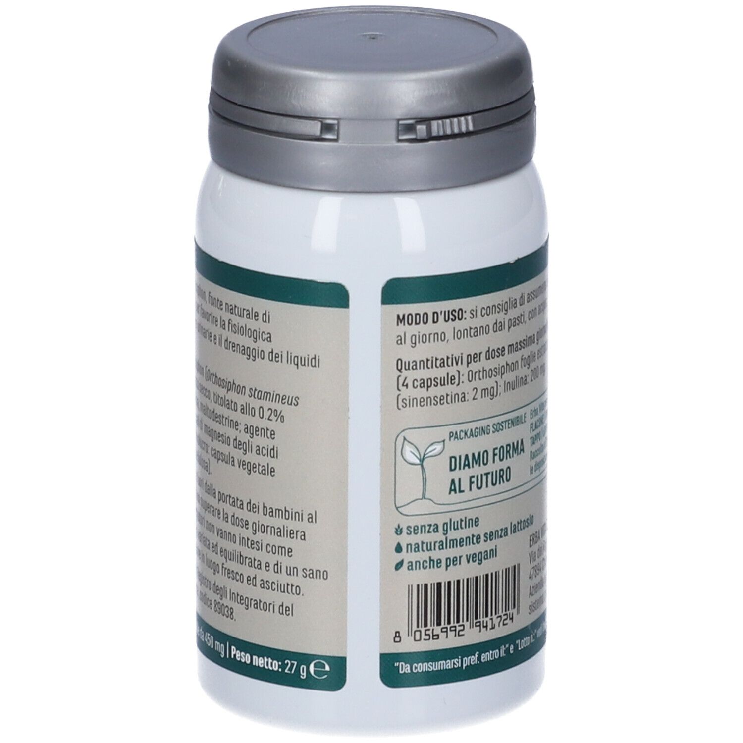 Flacone bianco Orthosiphon Erba Vita, tappo grigio. Retro con informazioni e ingredienti.