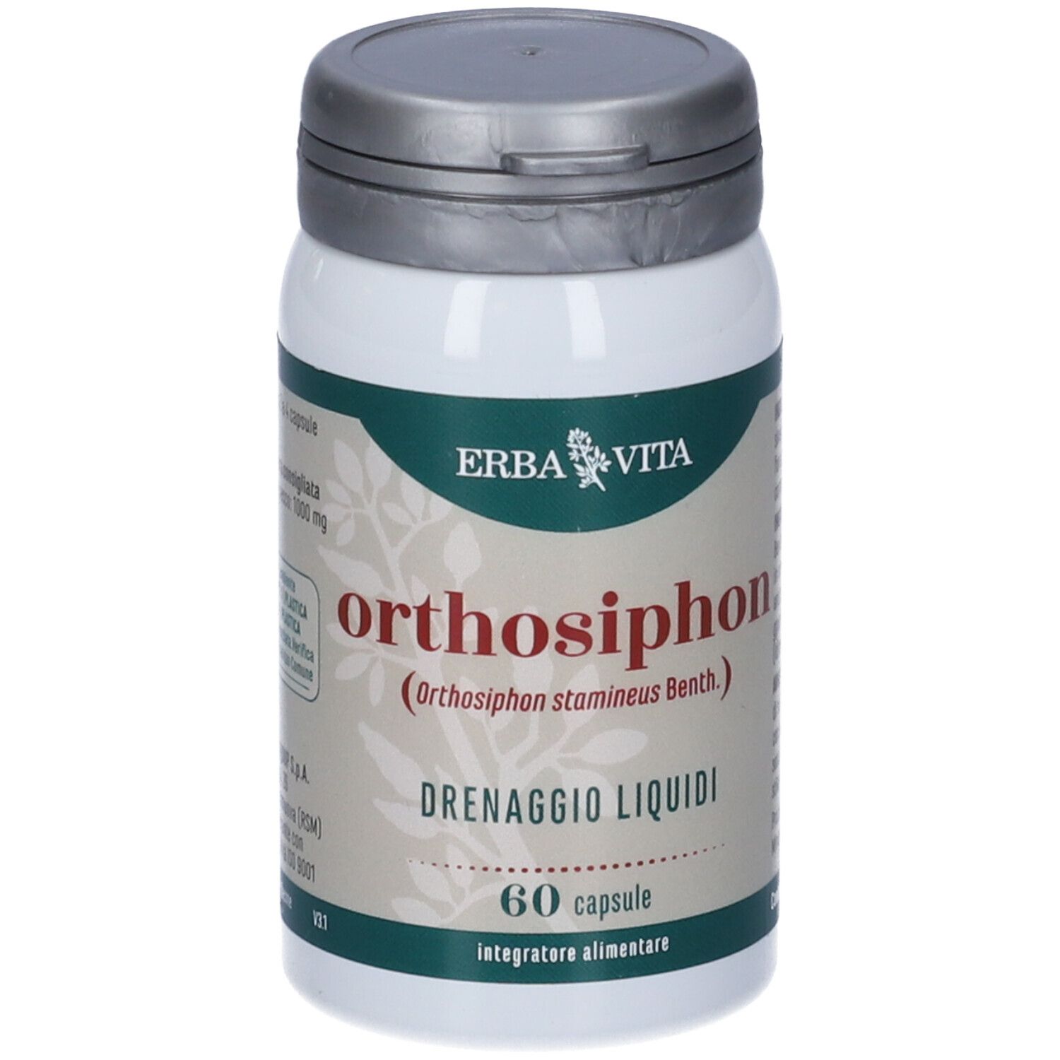 Flacone bianco Orthosiphon Erba Vita, tappo grigio. Scritta: Orthosiphon, 60 capsule. Integratore alimentare.