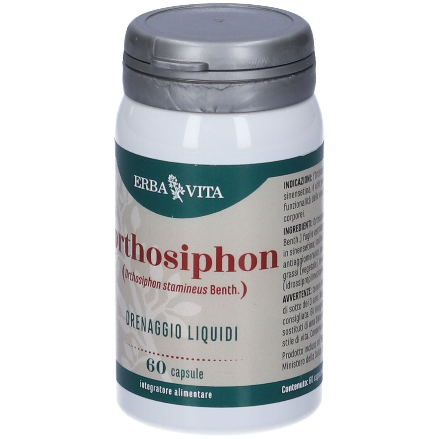 Flacone bianco Orthosiphon Erba Vita, tappo grigio. Scritta: Orthosiphon, 60 capsule. Integratore alimentare.