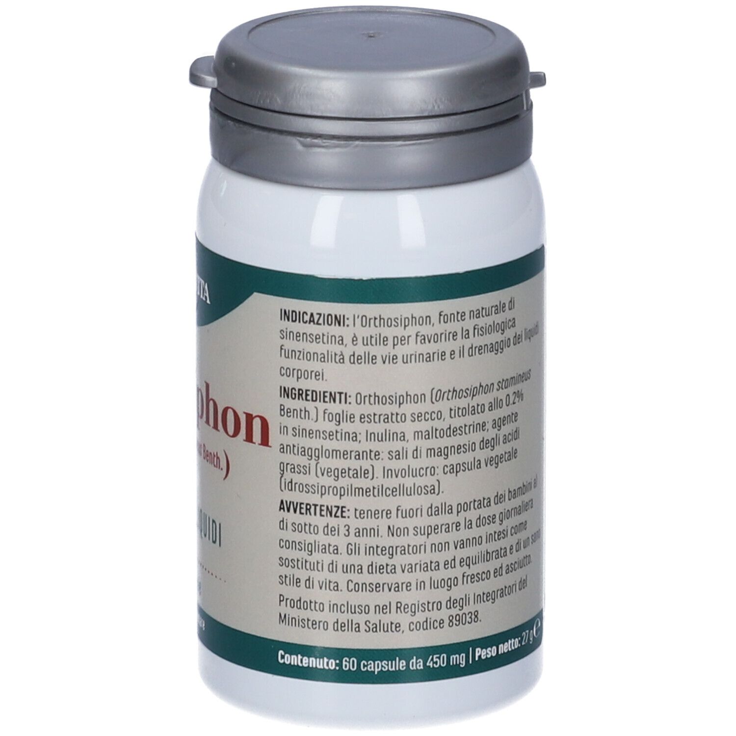 Flacone bianco Orthosiphon Erba Vita, tappo grigio. Retro con informazioni e ingredienti.