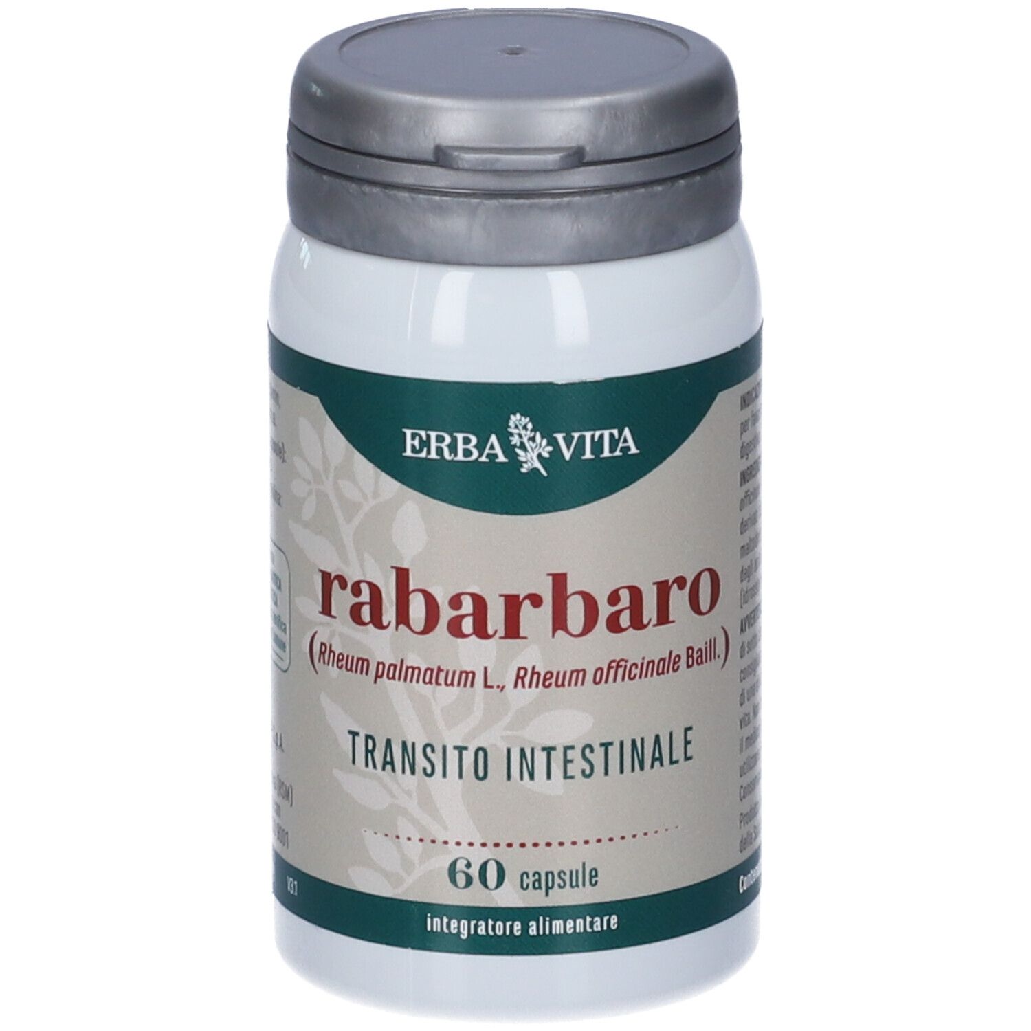 Flacone bianco con tappo grigio. Scritta: Erba Vita, Rabarbaro, 60 capsule.