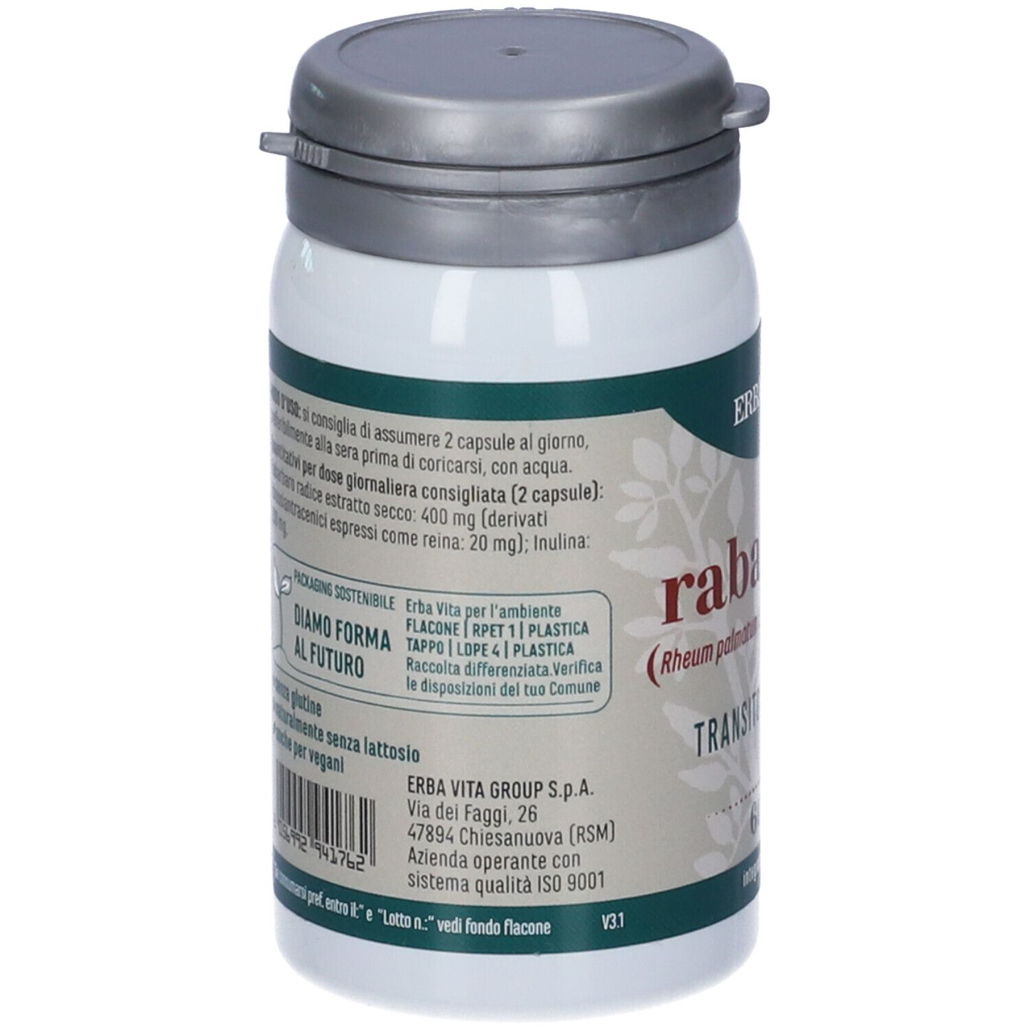 Flacone bianco con tappo grigio. Scritta: Erba Vita, Rabarbaro, 60 capsule.