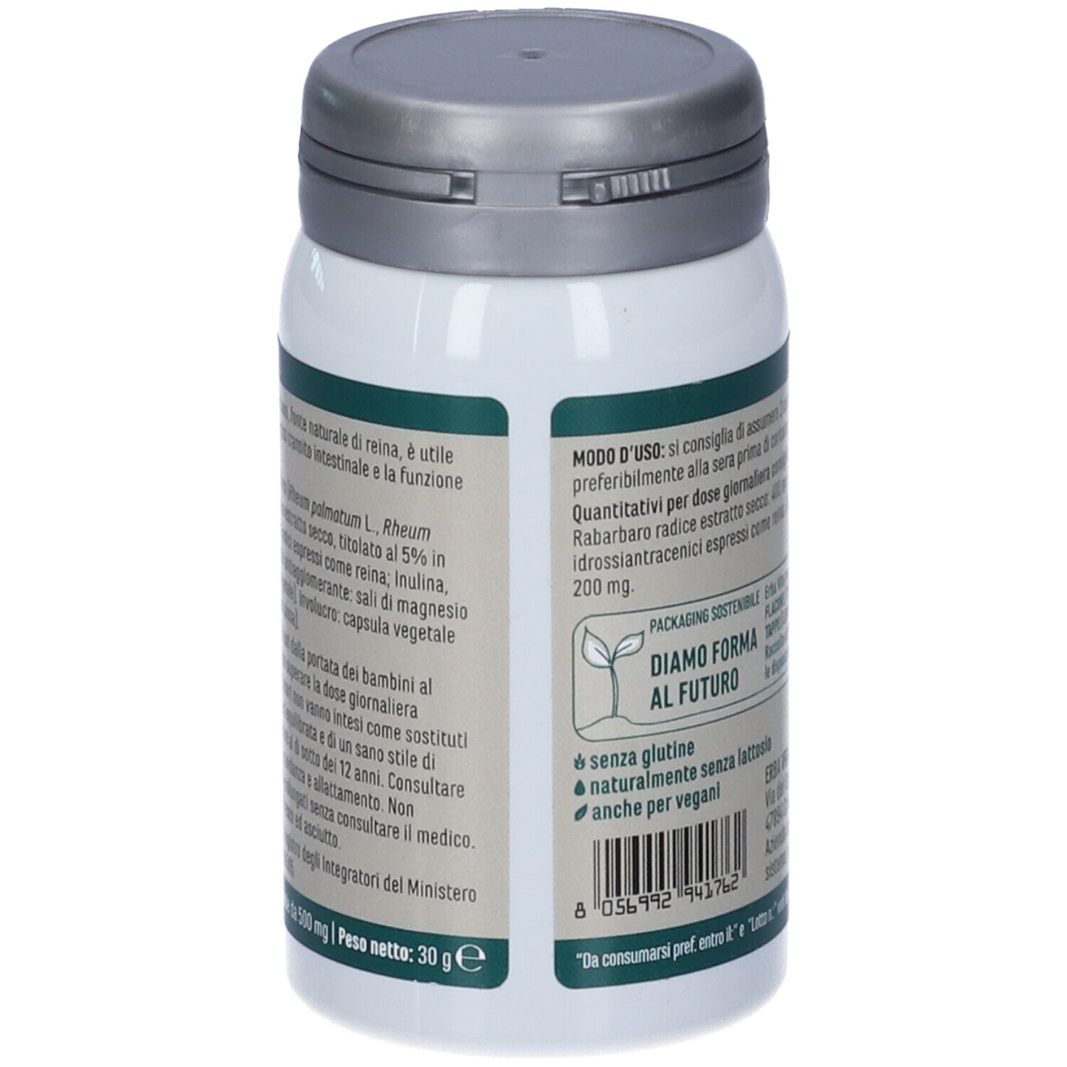 Flacone bianco con tappo grigio. Scritta: Erba Vita, Rabarbaro, 60 capsule.