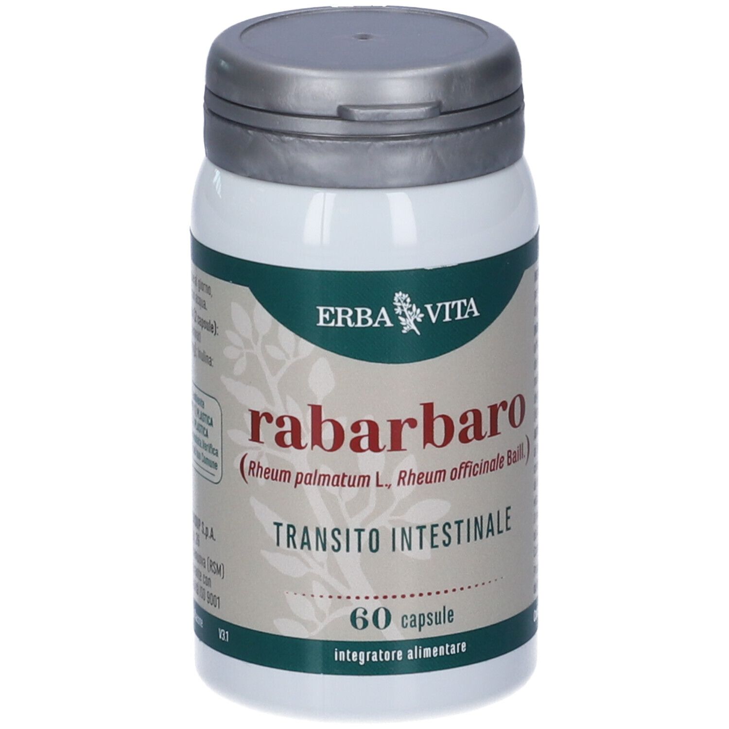 Flacone bianco con tappo grigio. Scritta: Erba Vita, Rabarbaro, 60 capsule.