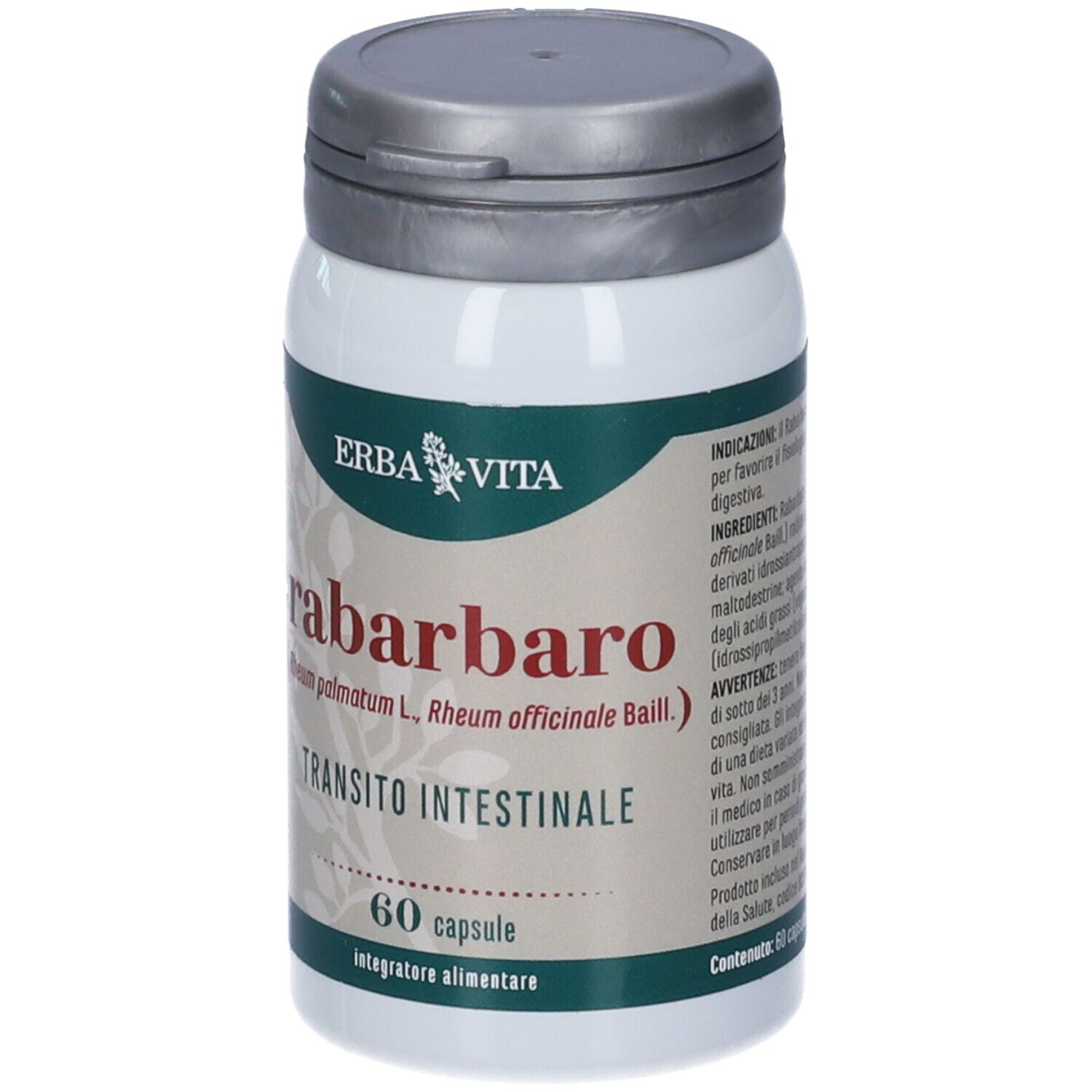 Flacone bianco con tappo grigio. Scritta: Erba Vita, Rabarbaro, 60 capsule.
