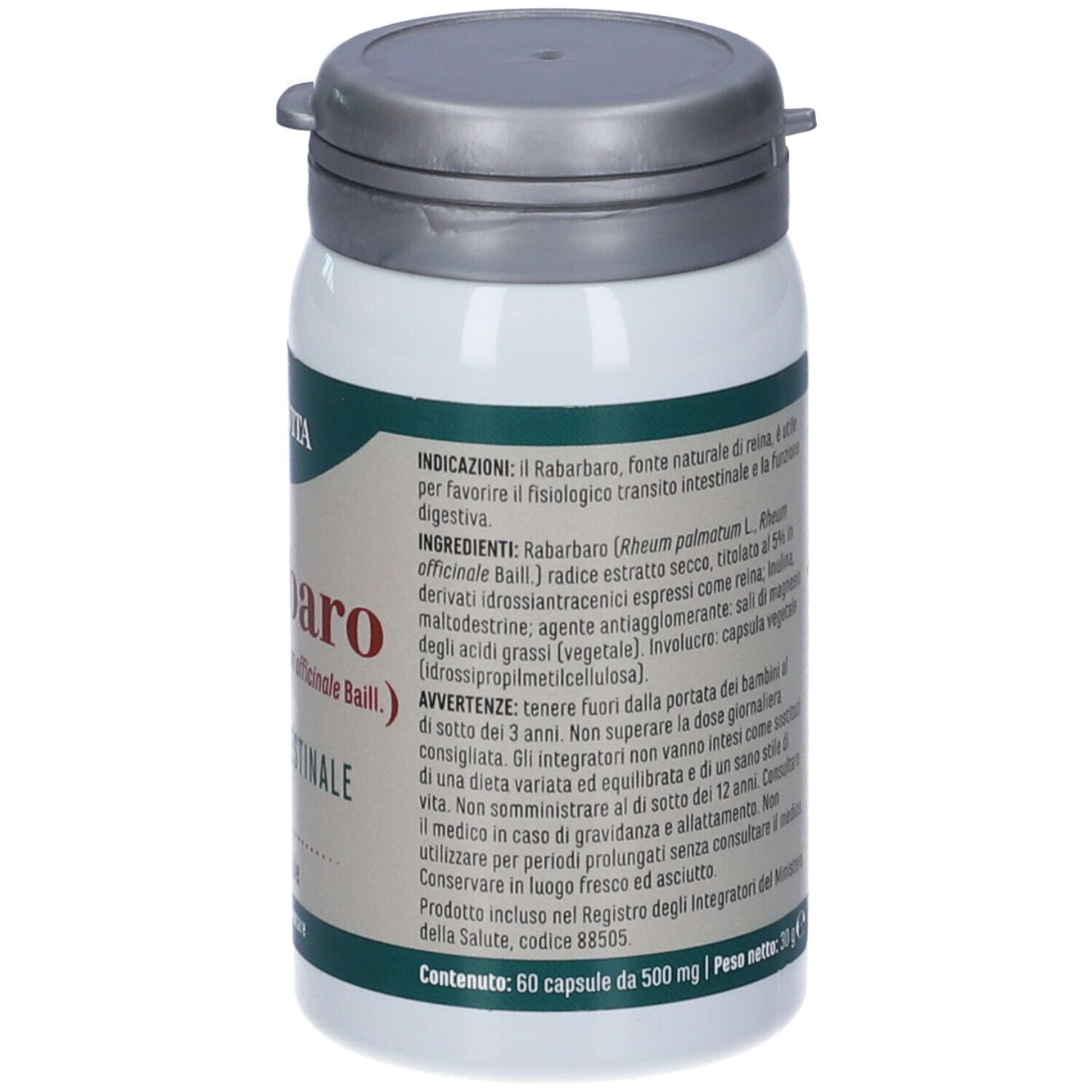 Flacone bianco con tappo grigio. Scritta: Erba Vita, Rabarbaro, 60 capsule.