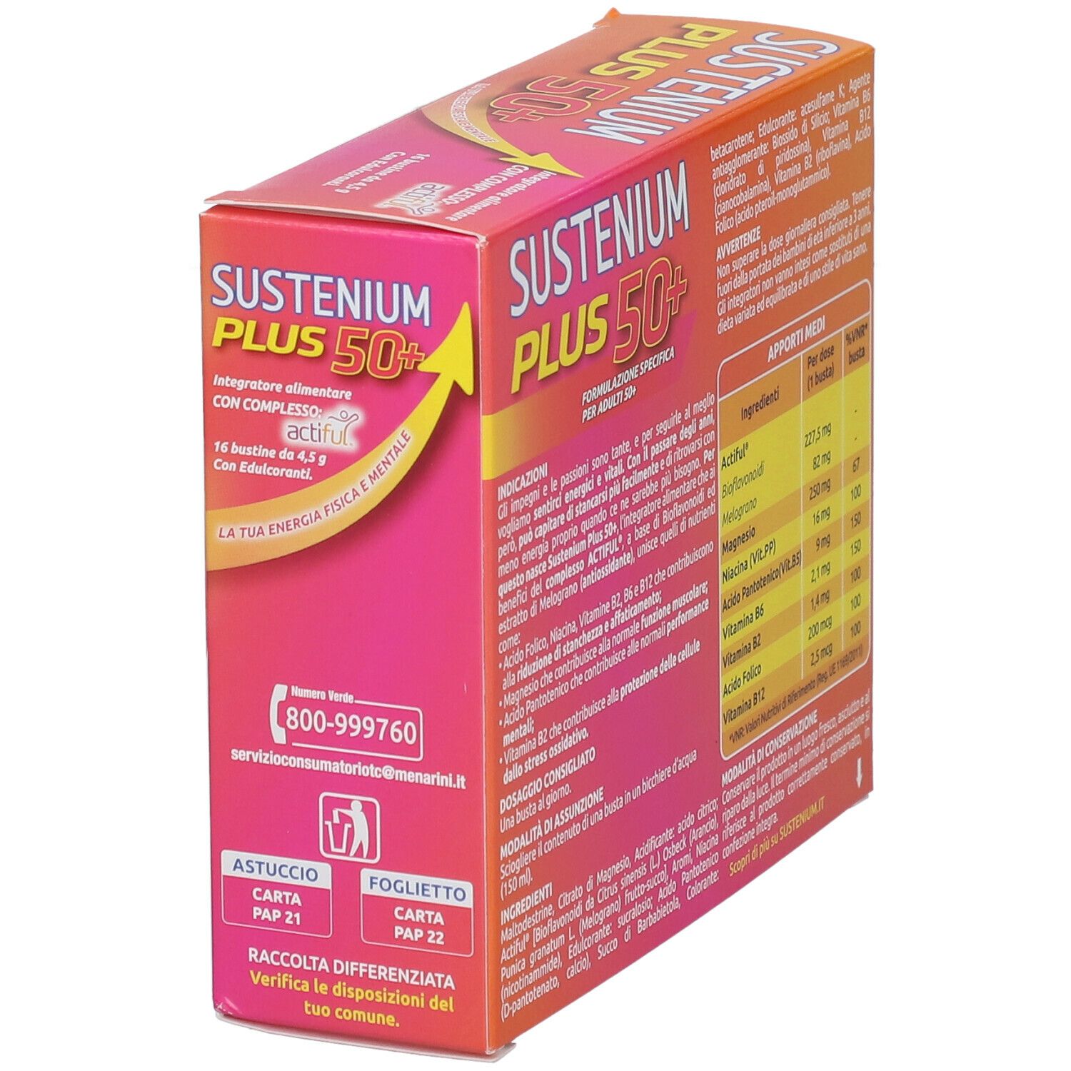 Confezione di Sustenium Plus 50+, vista obliqua. Scatola arancione con nome del prodotto e testo. Contiene informazioni.