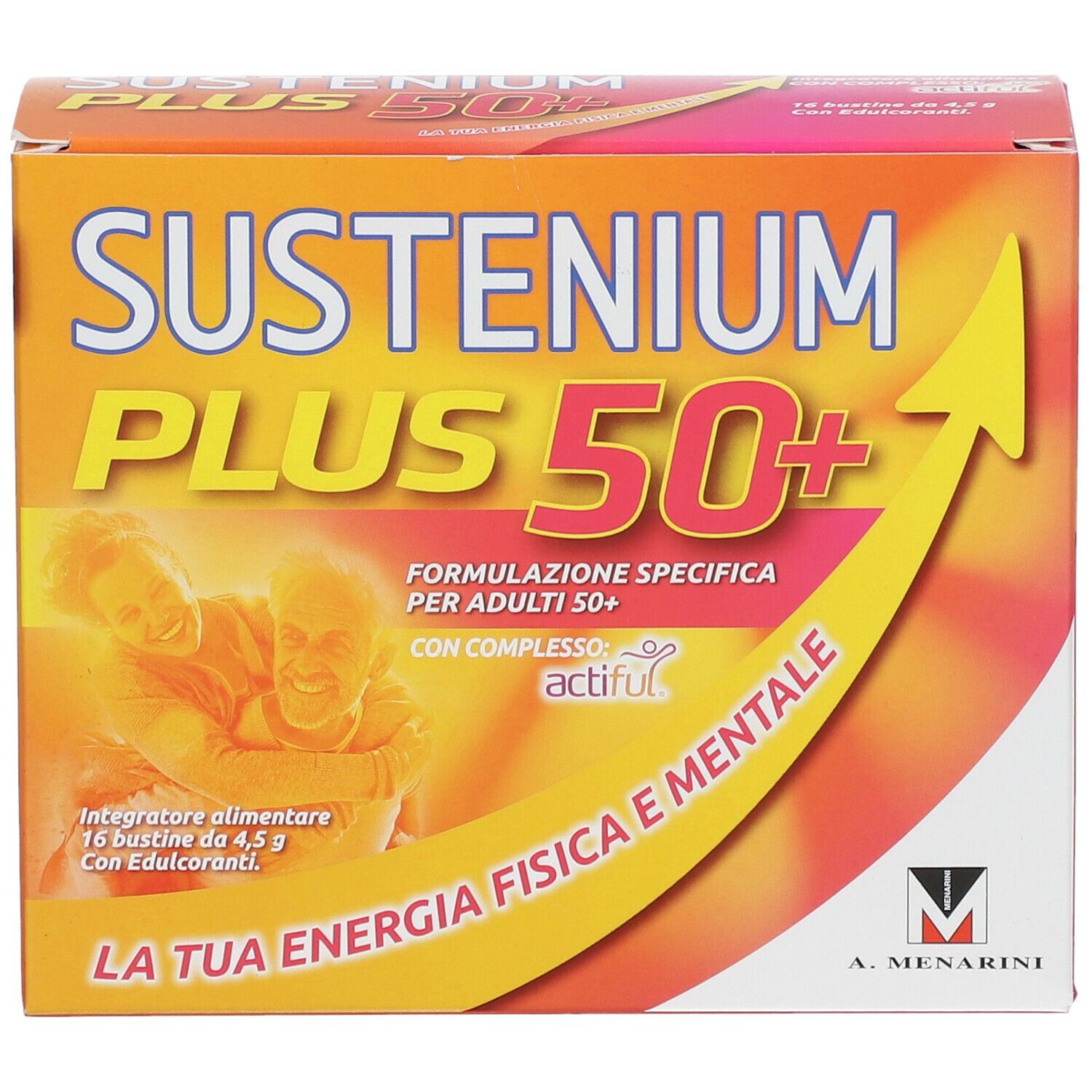 Vista frontale della confezione Sustenium Plus 50+. Scatola arancione con nome e logo del prodotto. Contiene 16 bustine.