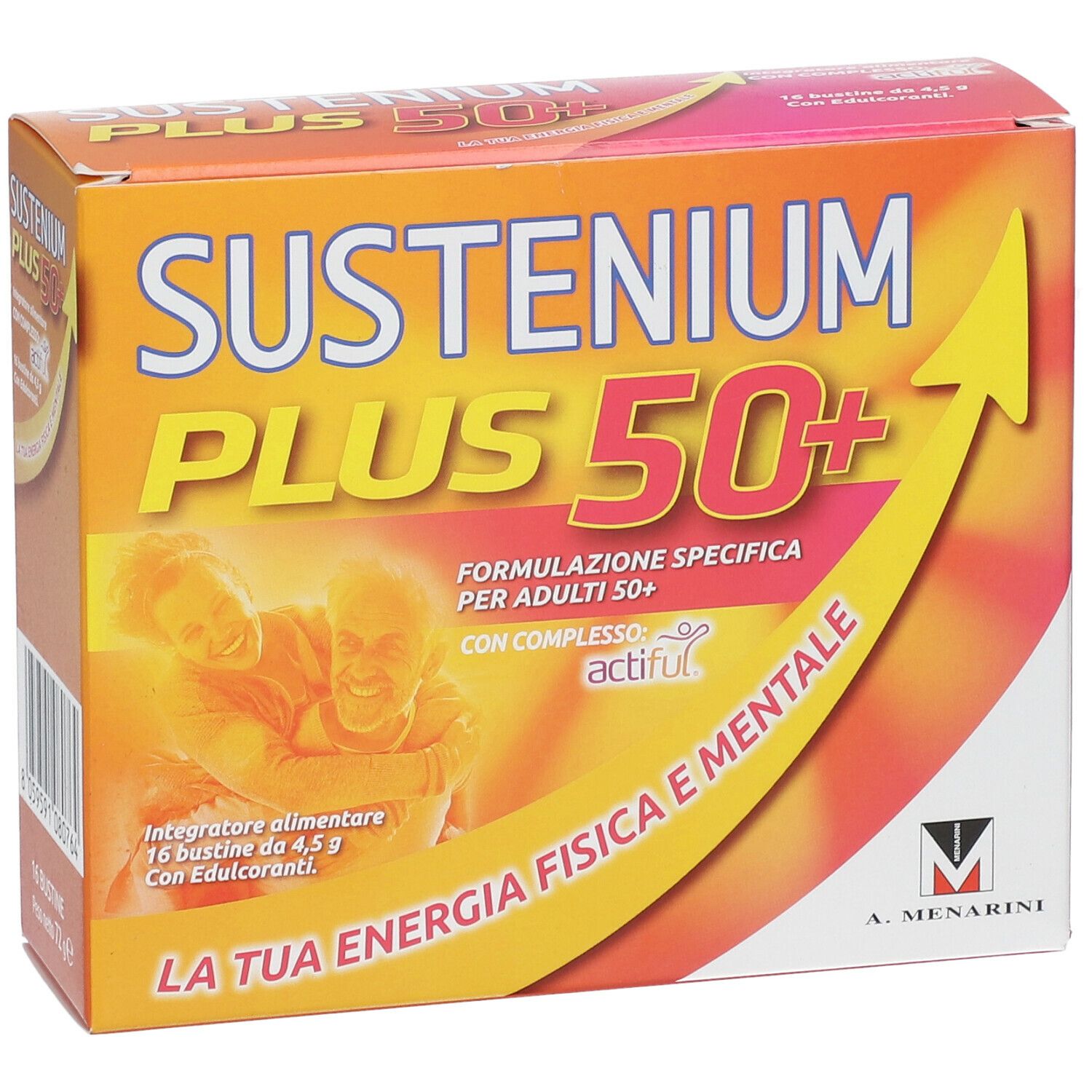 Vista frontale della confezione Sustenium Plus 50+. Scatola arancione con nome e logo del prodotto. Contiene 16 bustine.