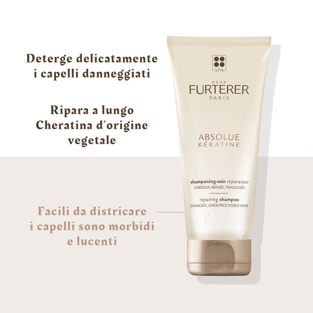 Tubo beige. René Furterer Paris Absolue Kératine Shampoo. Testo: shampooing-soin réparateur. Capelli danneggiati, sfibrati. Testo in italiano.