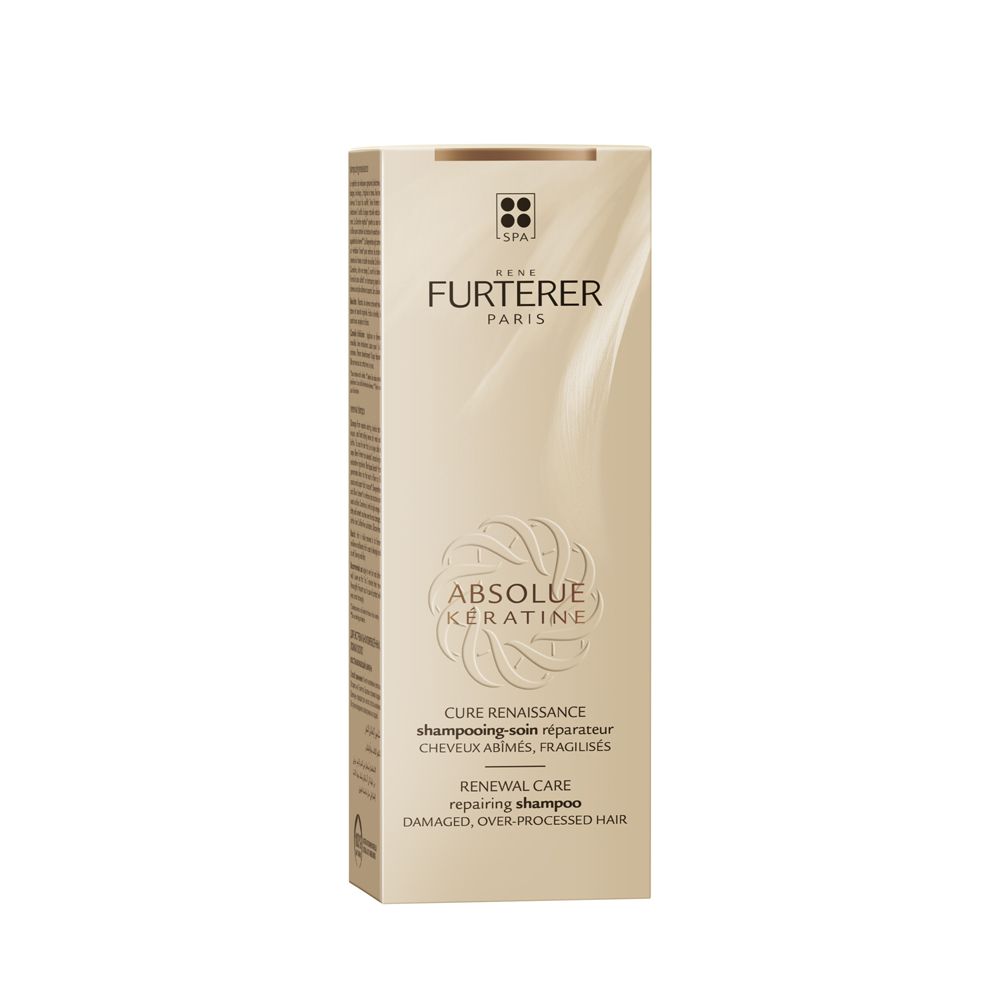 Scatola. René Furterer Paris Absolue Kératine. Testo: Cure Renaissance. Shampooing-soin réparateur. Capelli danneggiati.