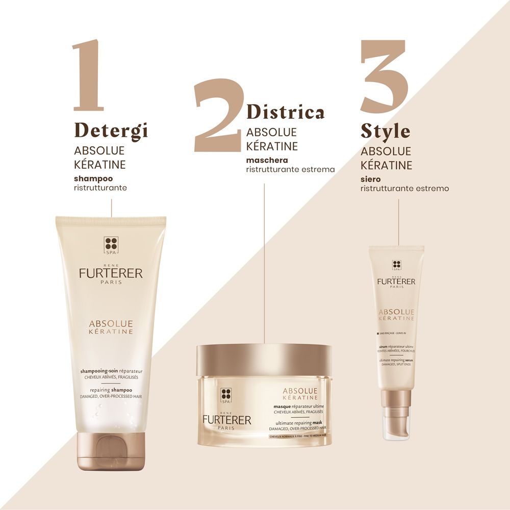 Tre prodotti affiancati. Shampoo, maschera e siero. Scritta: René Furterer Paris, Absolue Kératine. Testo: Shampoo, maschera, siero.