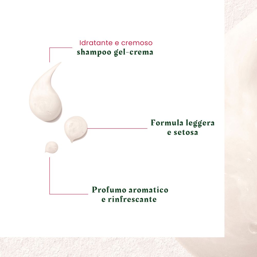 Immagine di gocce di shampoo. Testo: Idratante e cremoso shampoo gel-crema, formula leggera e setosa, profumo aromatico.