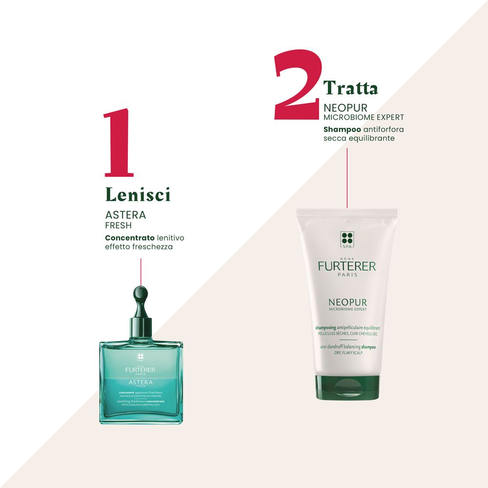 Due prodotti. Sinistra: Astera Fresh. Destra: Shampoo Neopur. Testo: 1. Lenisci, 2. Tratta.