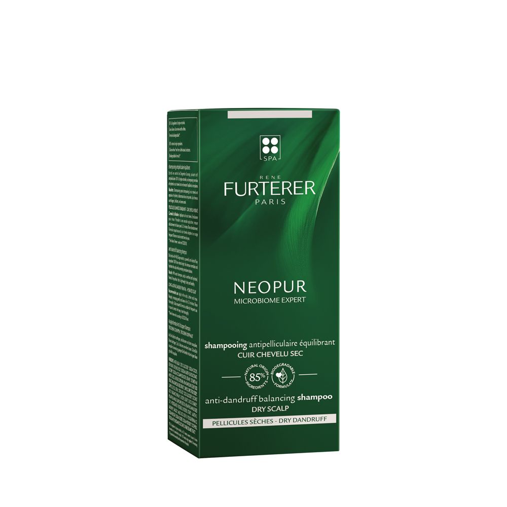 Scatola verde con shampoo. Testo: René Furterer, Neopur, shampoo antiforfora. Loghi: 85%, biodegradabile.