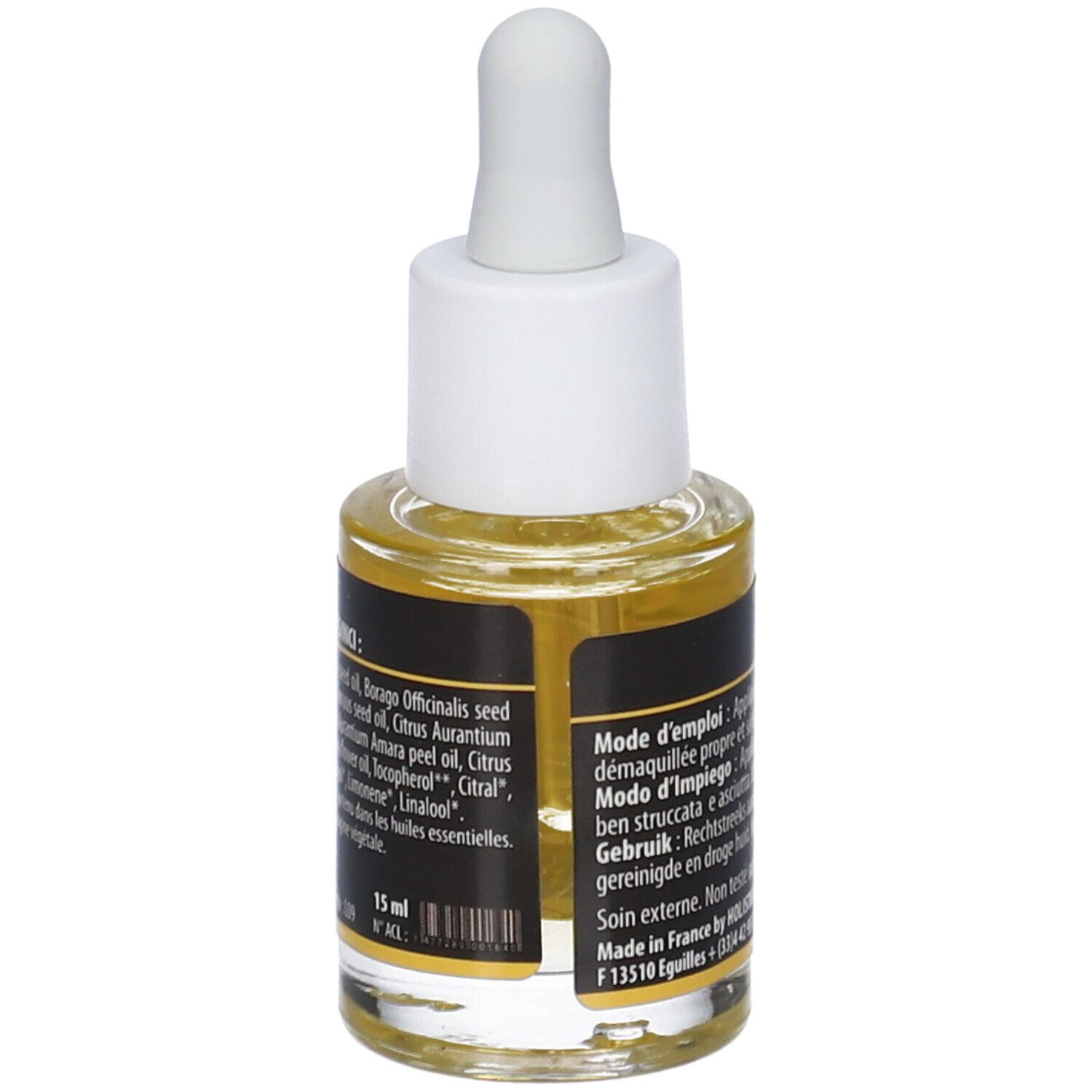 Flacone di vetro con contagocce, riempito con liquido giallastro. Retro con testo. Tappo bianco.