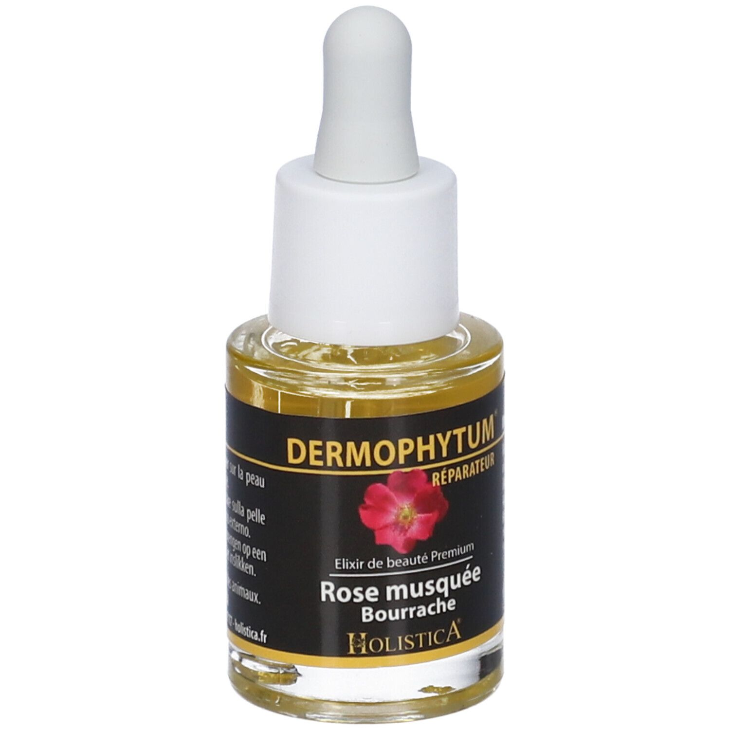 Flacone di vetro con contagocce, riempito con liquido giallastro. Etichetta nera con nome e logo. Fiore rosso.