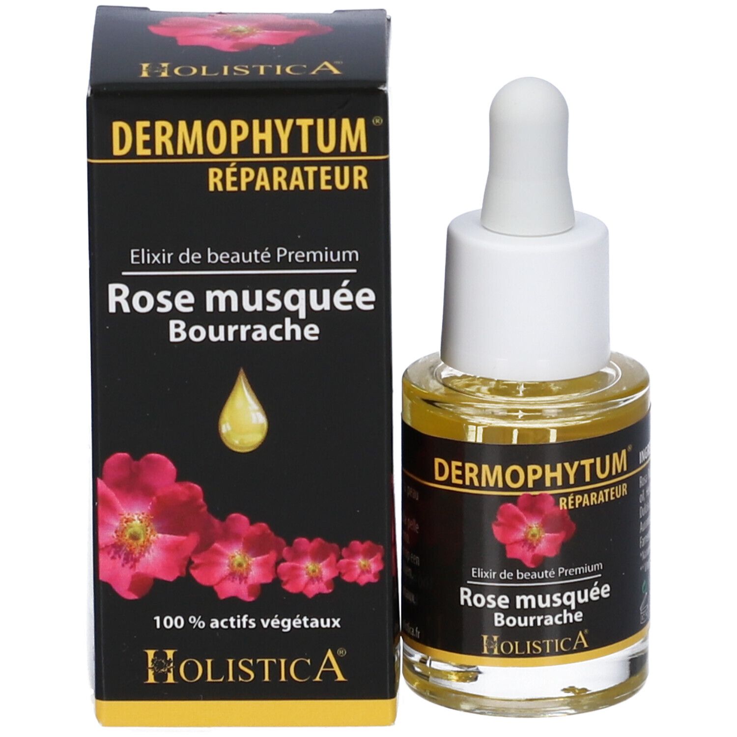 Flacone del prodotto accanto a confezione nera. Confezione con nome e logo. Fiori rossi.