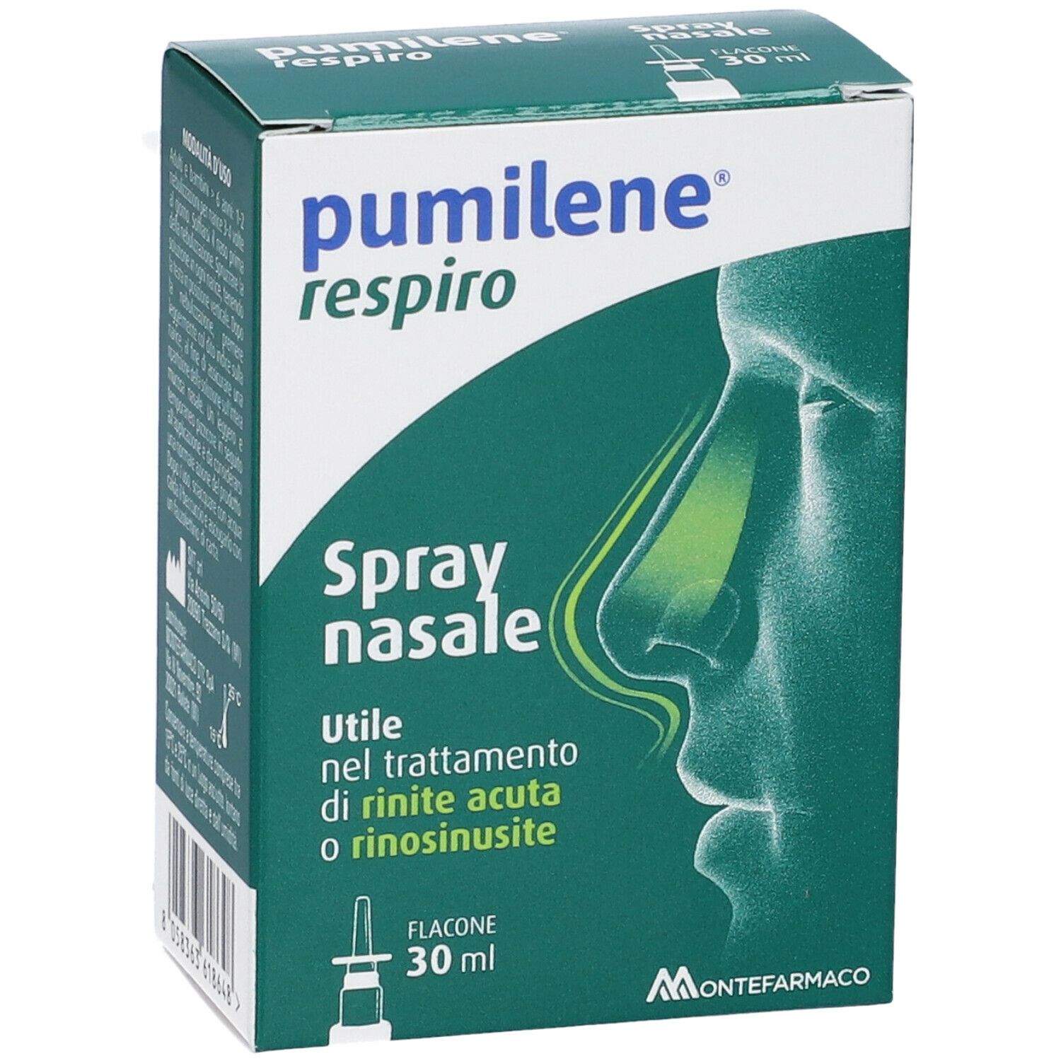 Scatola verde spray nasale. Scritto: pumilene respiro, Spray nasale. Flacone 30 ml. Logo Montefarmaco.
