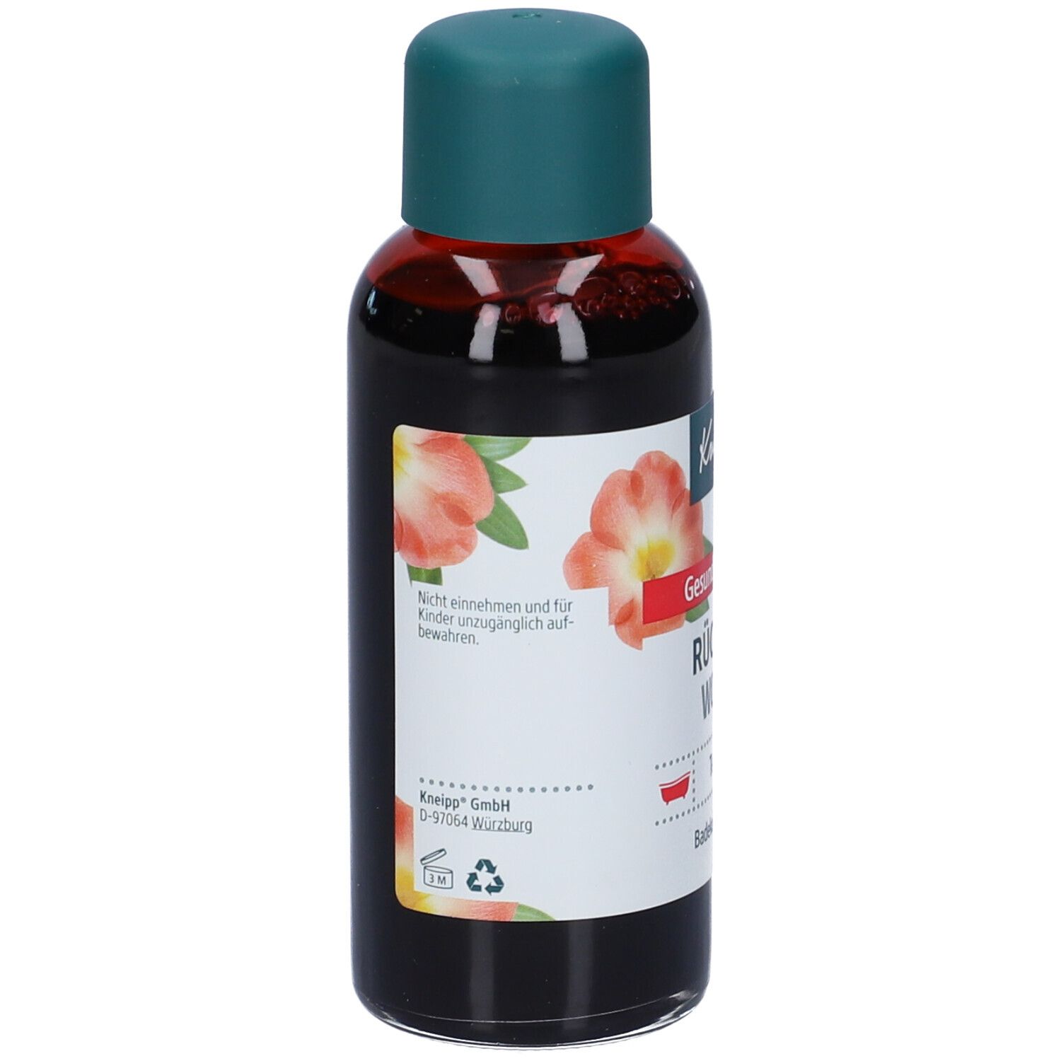 Flacone Kneipp con liquido rosso e tappo verde. Retro con testo e design floreale. Logo Kneipp.