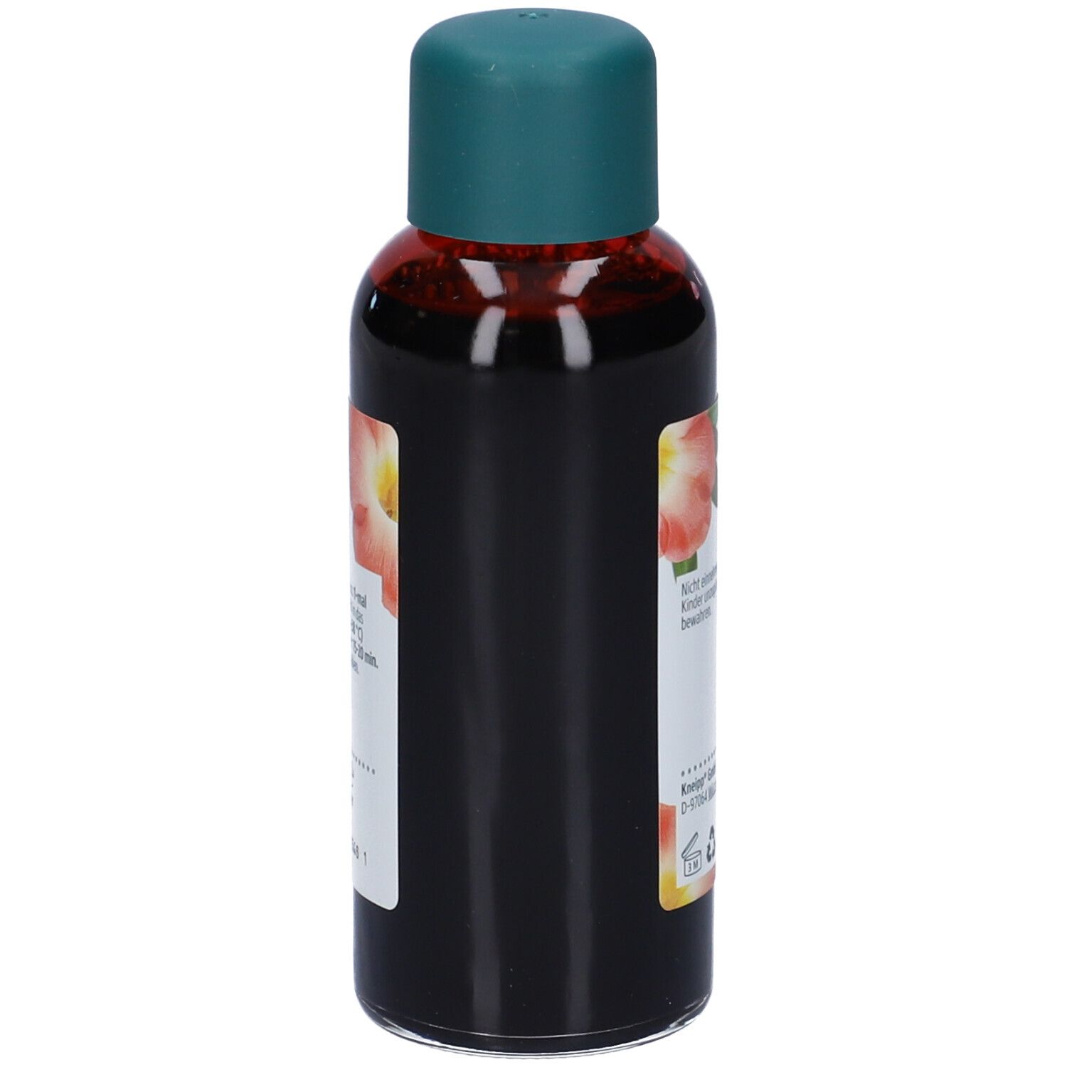 Flacone Kneipp con liquido rosso e tappo verde. Retro con testo. Logo Kneipp e design floreale.