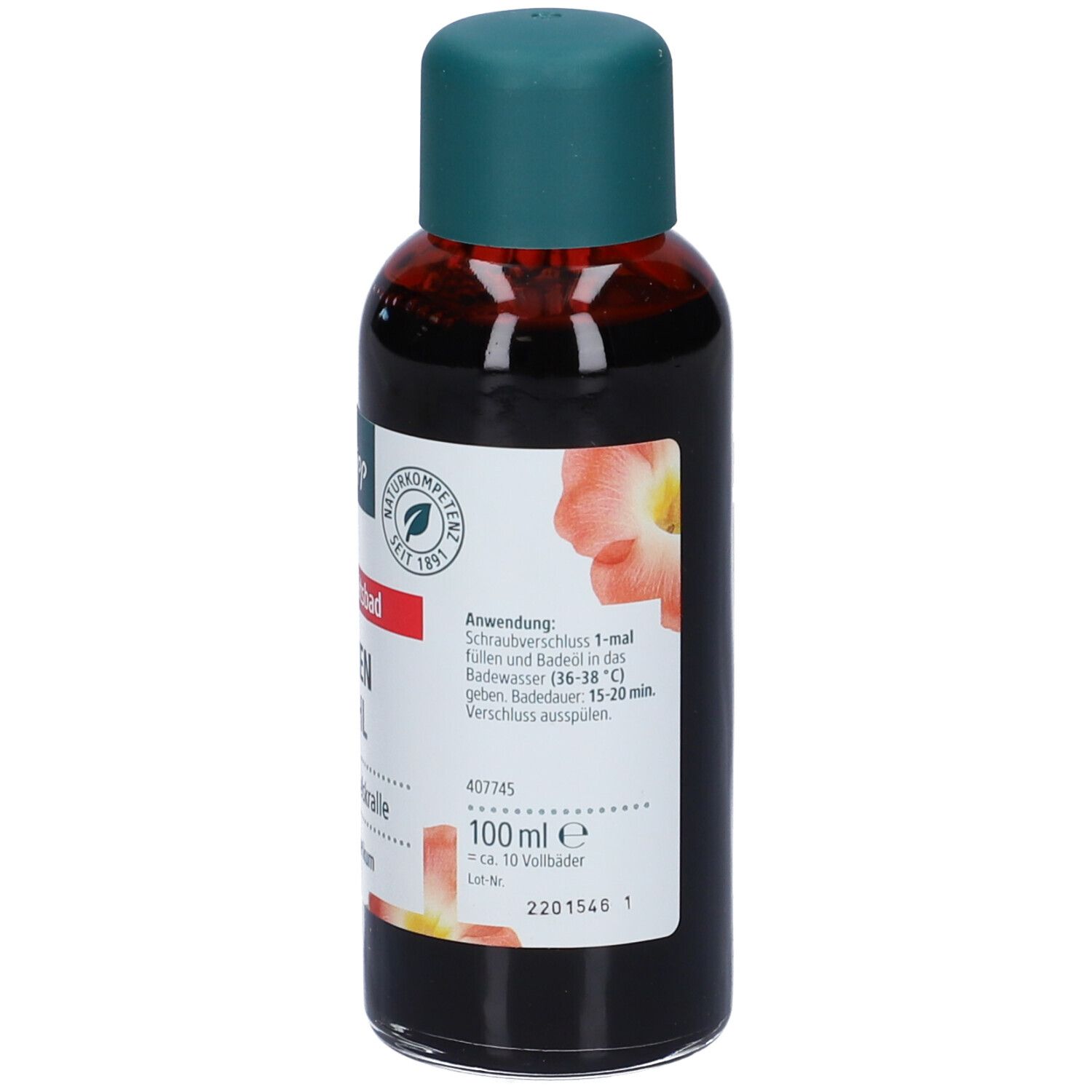 Flacone Kneipp con liquido rosso e tappo verde. Scritta: Rücken Wohl, Teufelskralle. Istruzioni per l'uso.