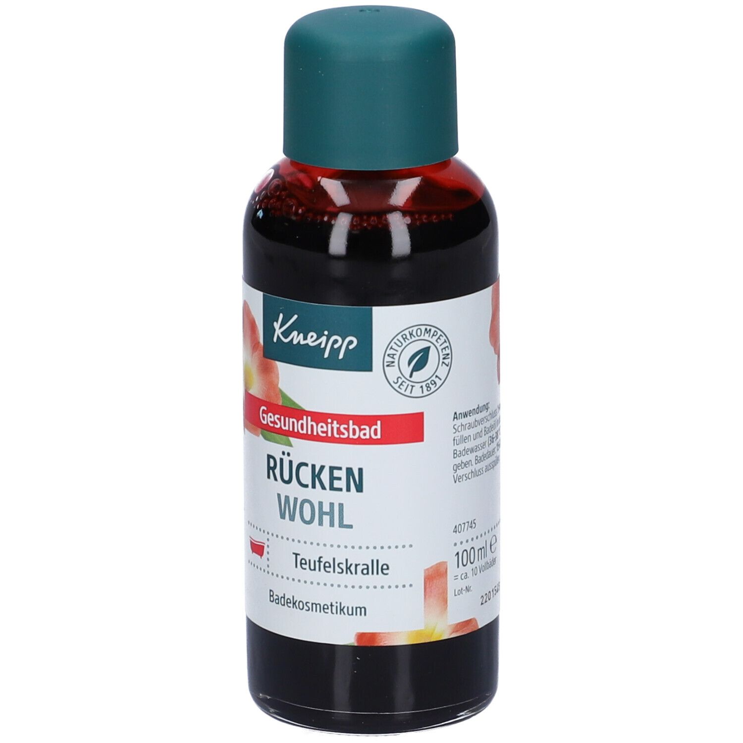 Flacone Kneipp con liquido rosso e tappo verde. Scritta: Rücken Wohl, Teufelskralle. Sigillo Naturkompetenz.
