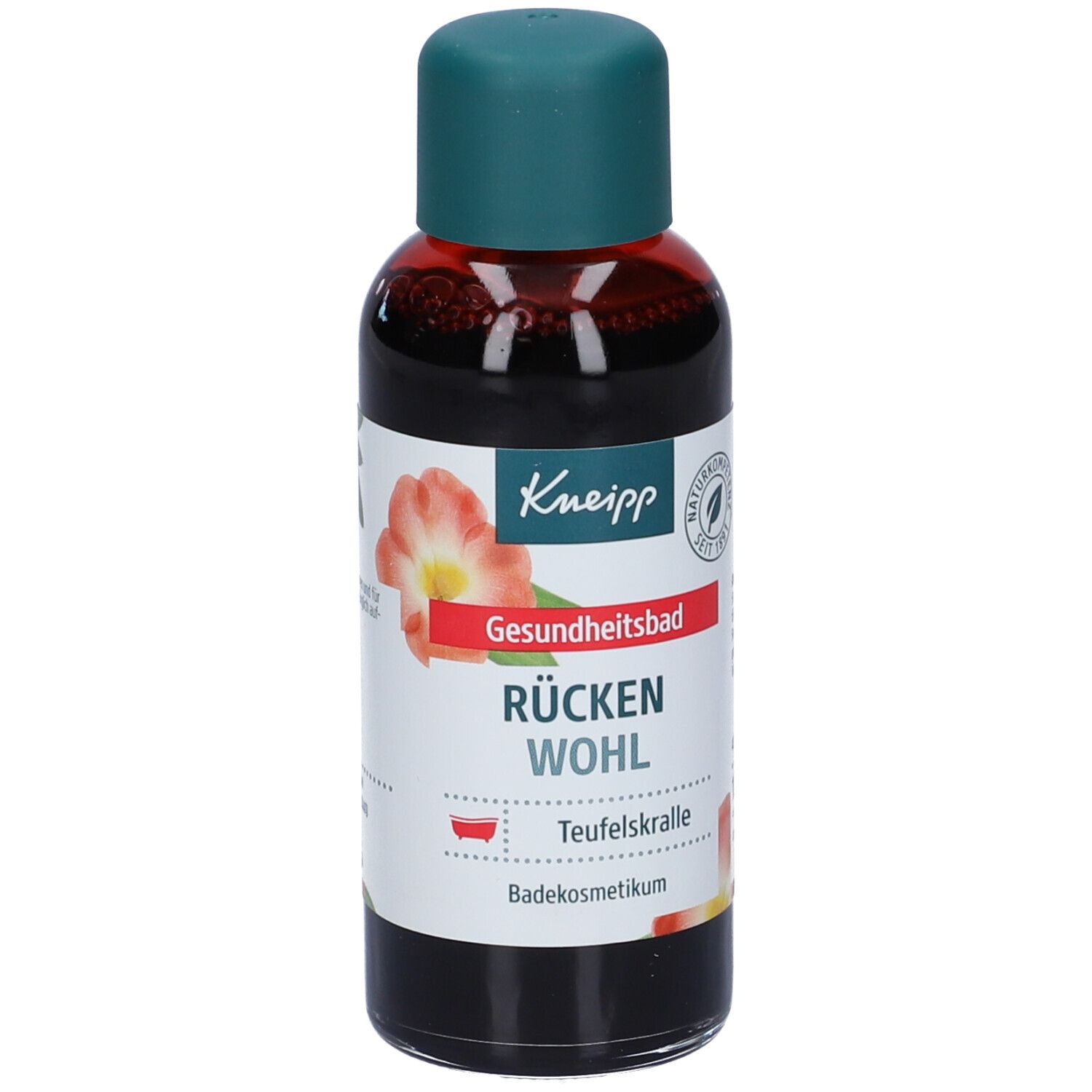 Flacone Kneipp con liquido rosso e tappo verde. Scritta: Rücken Wohl, Teufelskralle. Sigillo Naturkompetenz.
