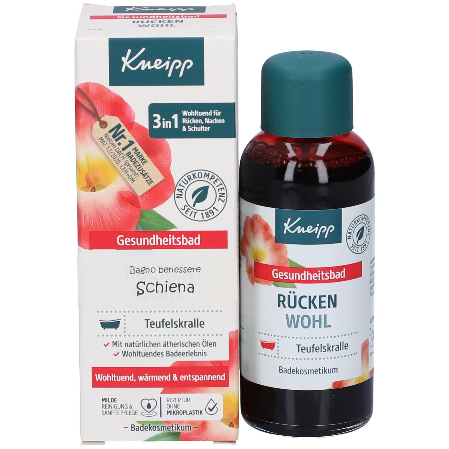 Prodotto Kneipp con flacone e confezione. Scritta: Rücken Wohl, Schiena. 3 in 1. Con oli essenziali.