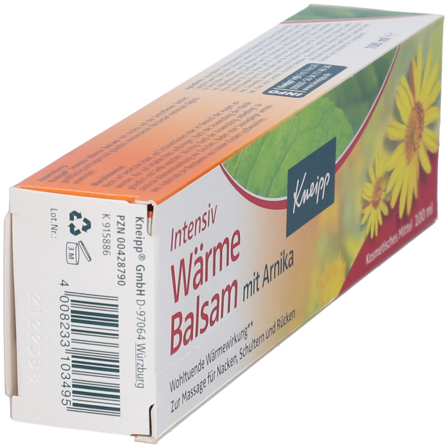 Kneipp Balsamo con Arnica. Vista obliqua della confezione. Scritta: Intensiv Wärme Balsam. Codice a barre e informazioni produttore.