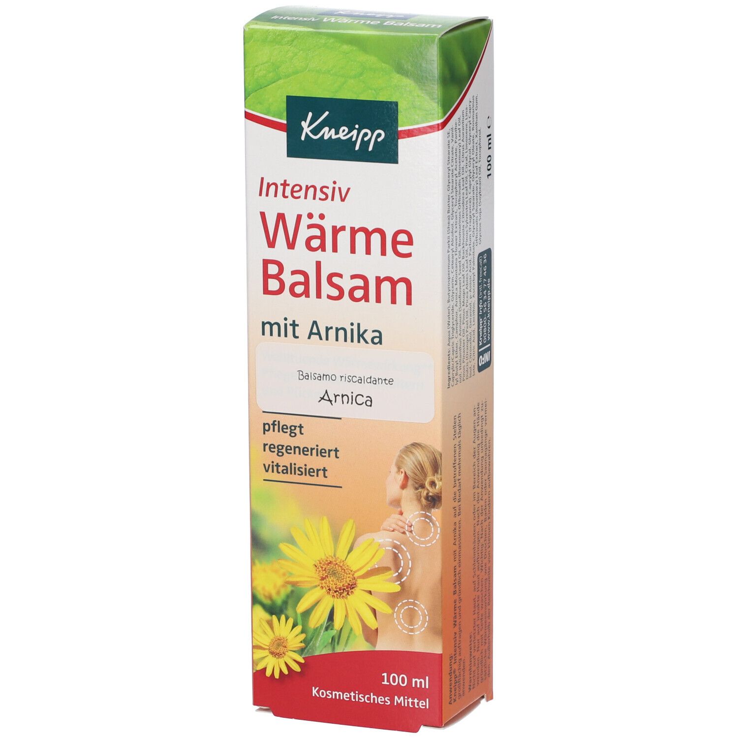 Kneipp Balsamo con Arnica. Confezione del prodotto con design floreale. Scritta: Intensiv Wärme Balsam. Illustrazione di una donna.