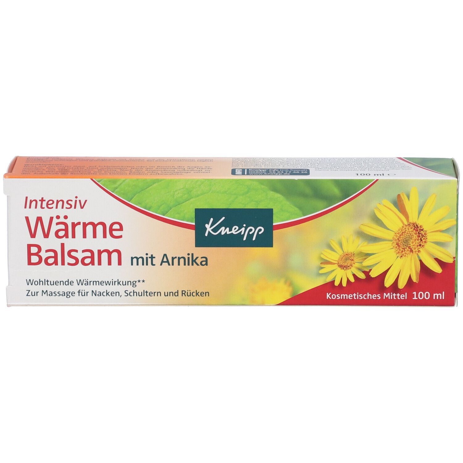 Kneipp Balsamo con Arnica. Confezione del prodotto con design floreale. Scritta: Intensiv Wärme Balsam. Fiori gialli.